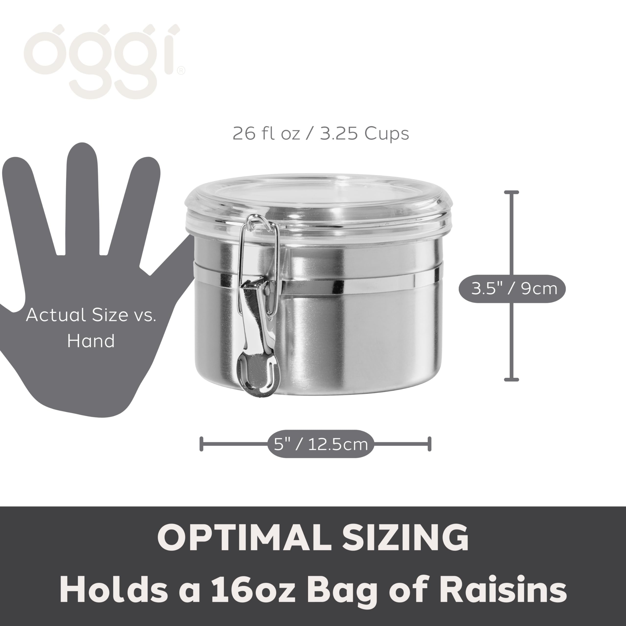 Oggi Stainless Steel Kitchen Canister 26 fl oz - Airtight Clamp Lid, Clear See-Thru Top - Ideal for Kitchen Storage, Food Storage, Pantry Storage. Size 5" x 3.5".