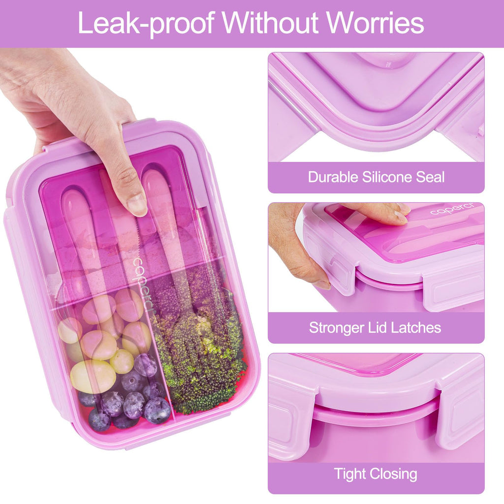 Caperci Classic Bento Lunch Box for Kids & Adults - Leakpoof 47oz Food Lunch Containers for Girls Women, 3-Compartment, Built-in Utensil Set, BPA-Free, Dishwasher/Microwave Safe (Vivid Orchid)