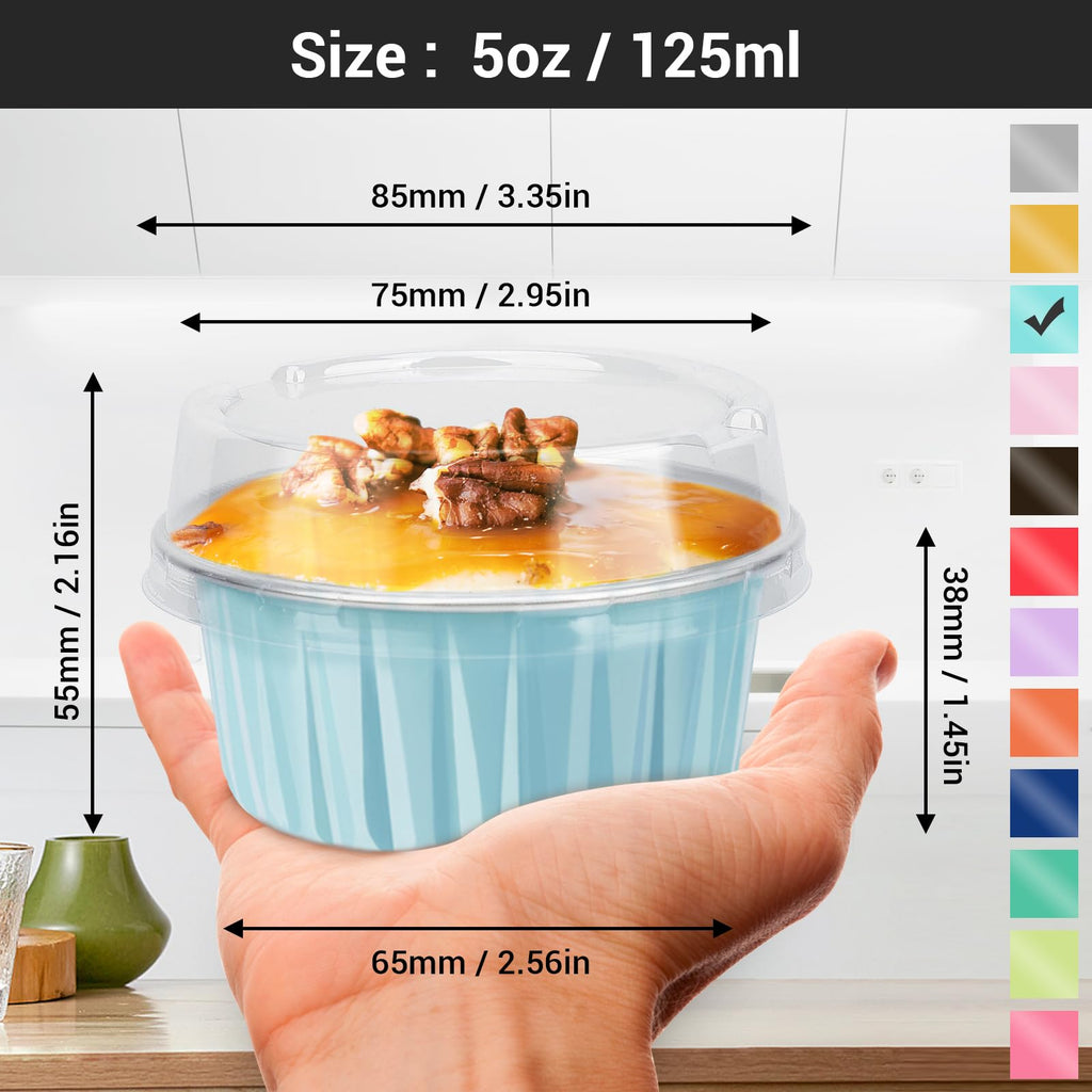 EUSOAR Cake Baking Cups, 100pcs 5oz 125ml Muffin Liners Cups with Lids Disposable Foil Ramekins, Aluminum Cupcake liners Foil Creme Brulee Baking Cups Pudding Cups Holders Pans Oven Safe