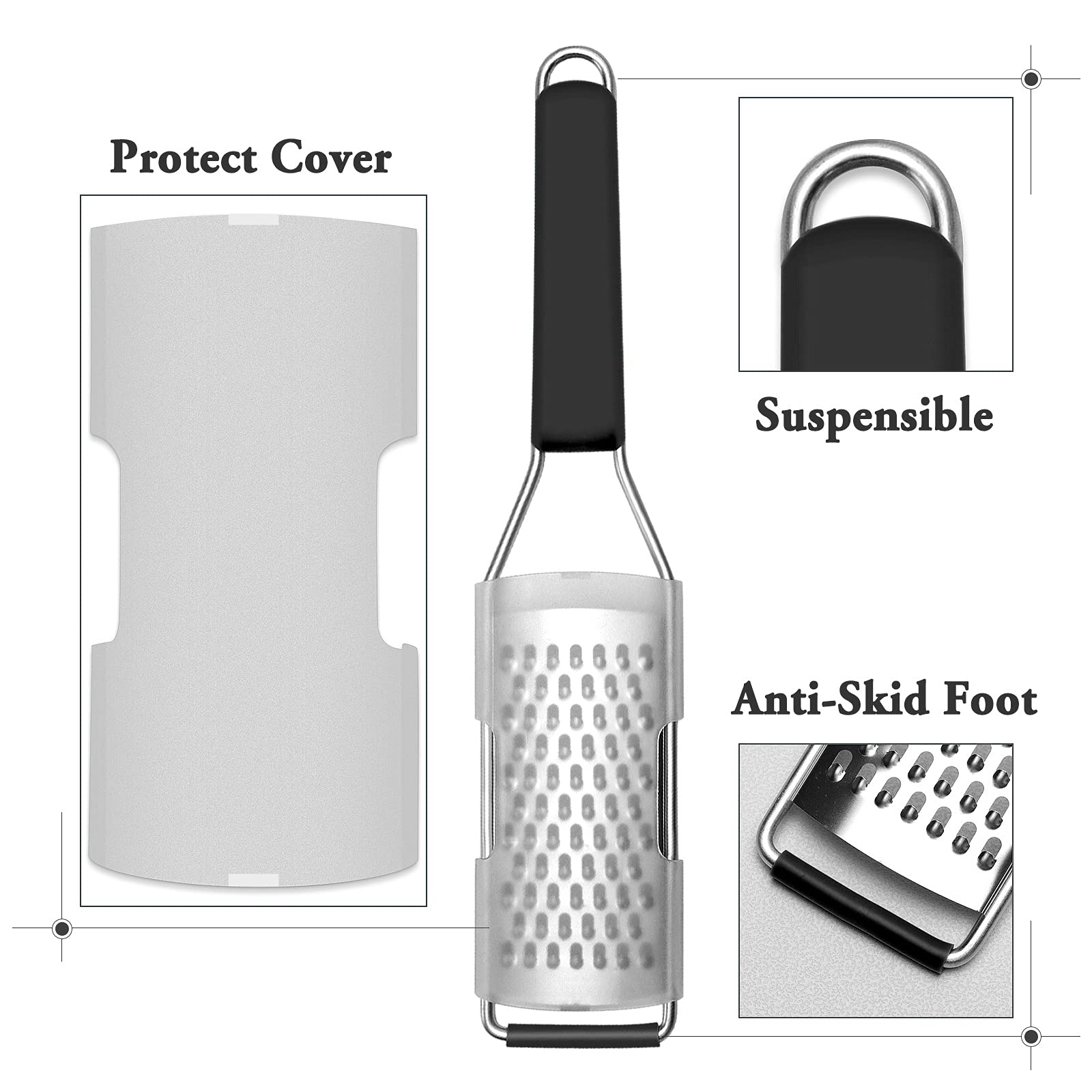 Cambom Lemon Zester Grater Three-piece Suit - Heavy Duty Kitchen Tool for Parmesan Cheese, Ginger, Garlic, Nutmeg, Chocolate, Vegetables，Fruits，Stainless Steel Grater Dishwasher Safe Black