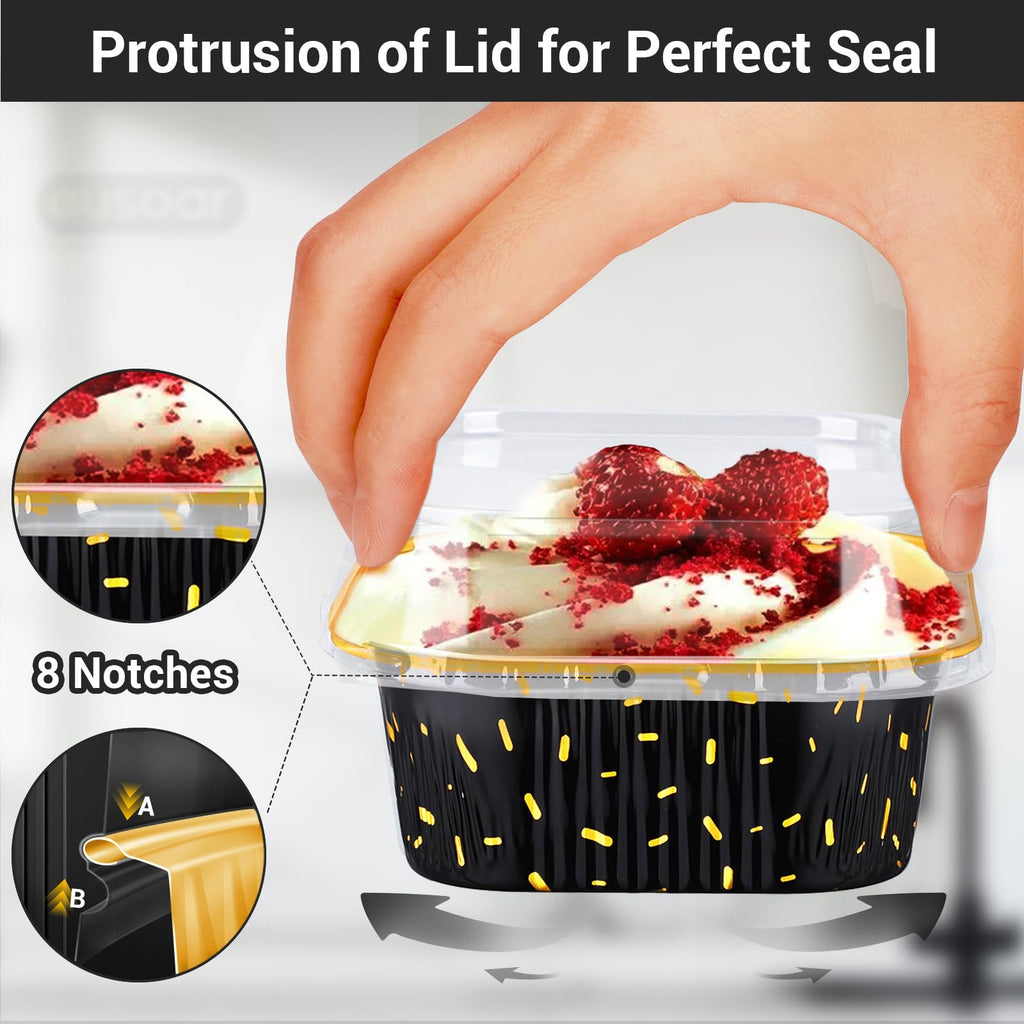 EUSOAR Baking Pans with Lids, 100pcs 10oz/300ml Aluminum Foil Ramekins Disposable Containers, Square Creme Brulee Cups Cupcake Liners Muffin Cup Mini Cake Loaf Bread Holders for Birthday Wedding