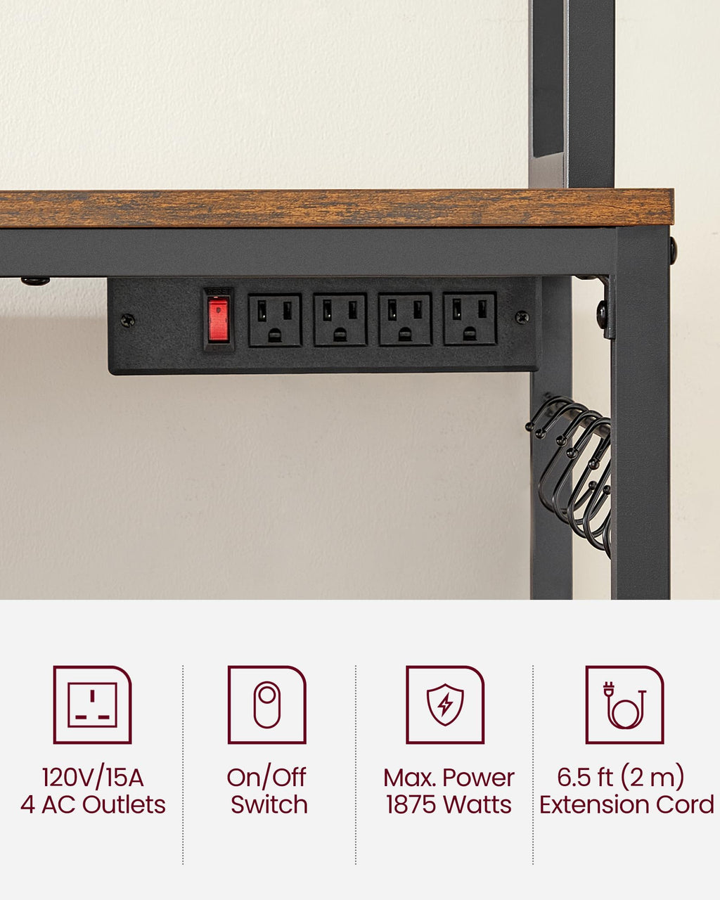 VASAGLE Bakers Rack with Power Outlet, Microwave Stand, Kitchen Tall Utility Storage Shelf, with Metal Wire Panel, 14 Hooks, 15.7 x 23.6 x 66.9 Inches, Rustic Brown and Ink Black UKKS037B01