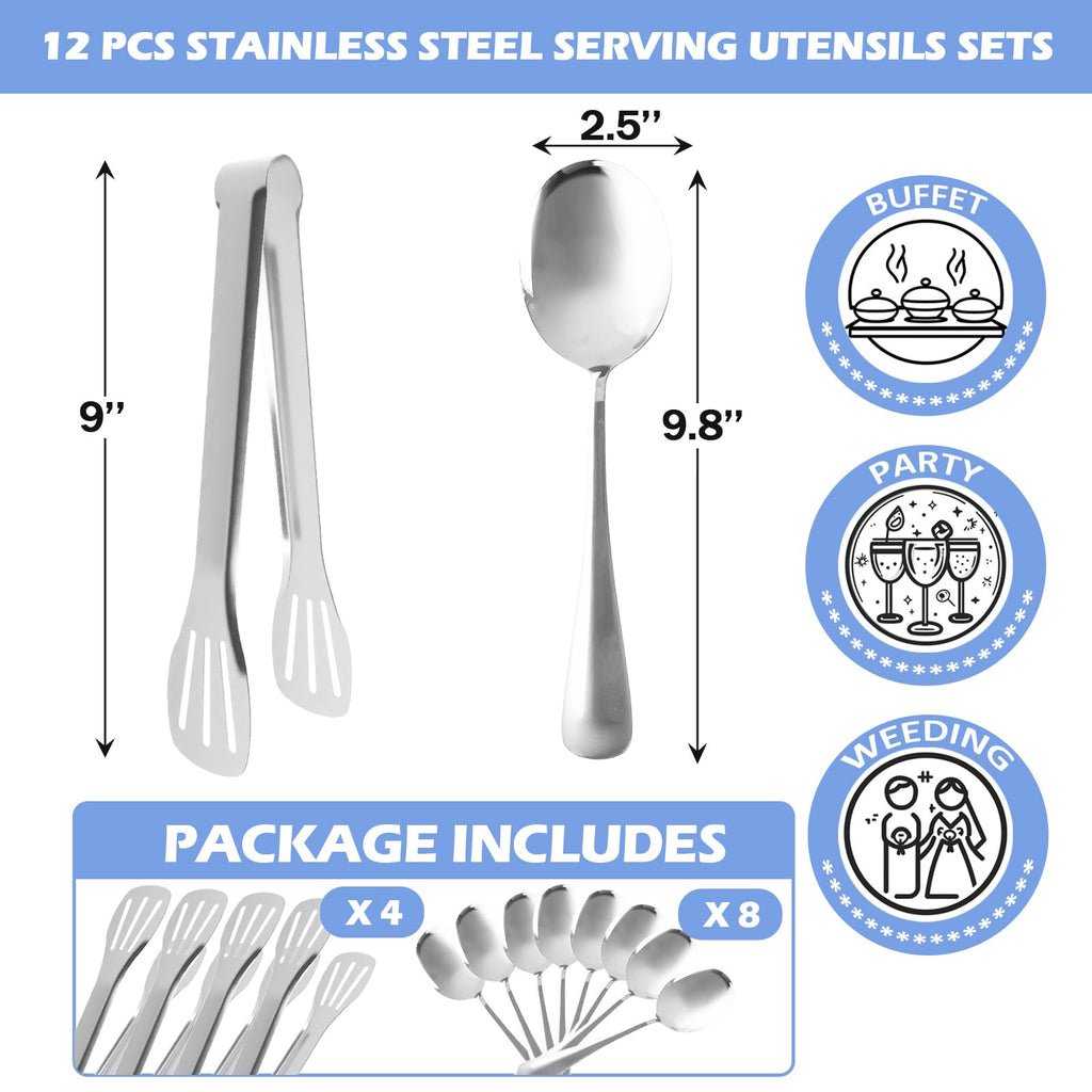 12PCS Silver Serving Utensils Set,Includes 8 large serving spoons,4 serving tongs