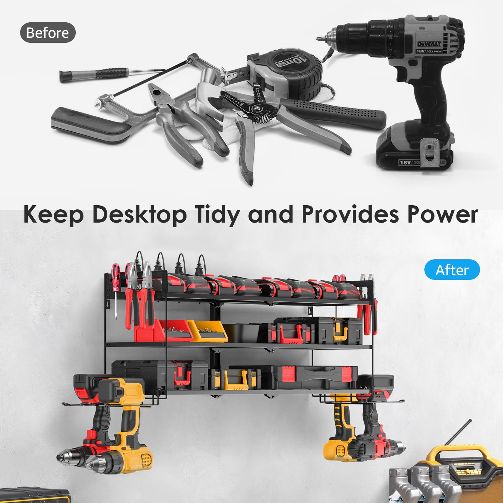 CCCEI Large Garage Tools Storage with Charging Station. Power Tool Battery Organizer Utility Shelf with Power Strip. 4 Drills Holder Wall Mount Rack, Black 3 Layer.