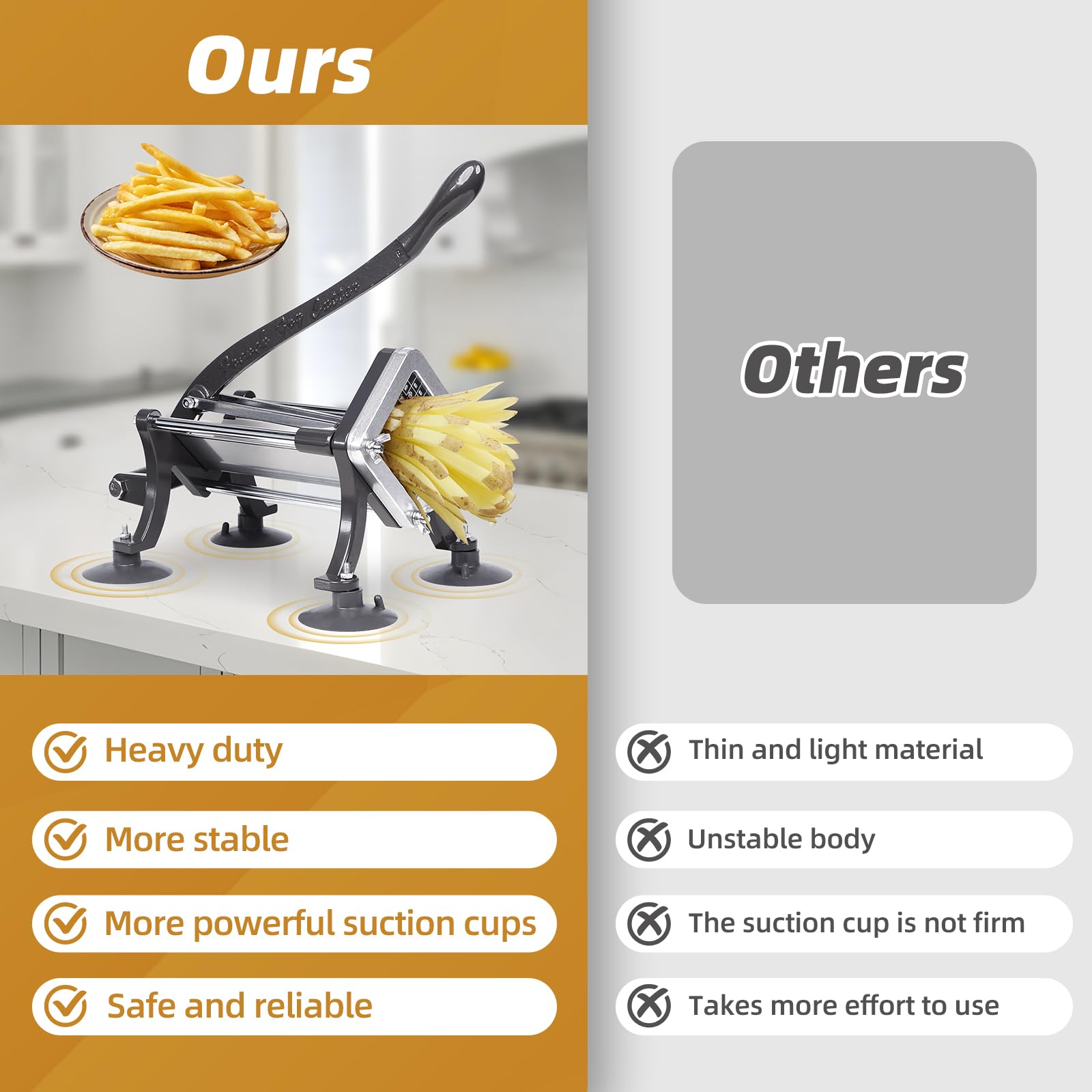 French Fry Cutter Commercial Potato Slicer with Suction Feet Complete Set, Includes 1/4", 3/8",1/2", Gray