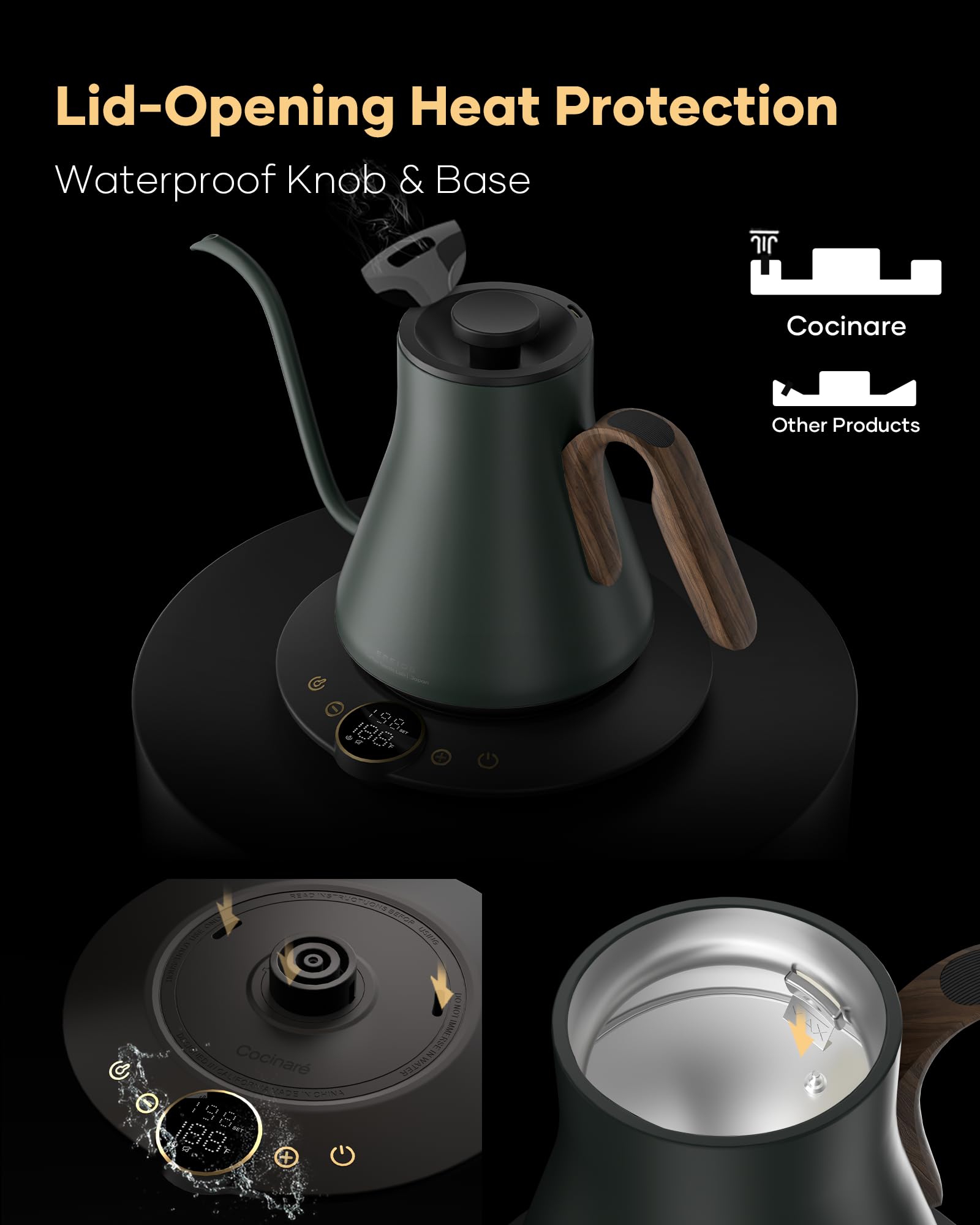 Cocinare Gooseneck Electric Kettle, ±1°F Precise Temperature Control, 1500W Fast Heating, Pour Over Coffee & Tea Kettle with Brew Timer & Keep Warm, Stainless Steel, 0.9L (Delacroix Green)