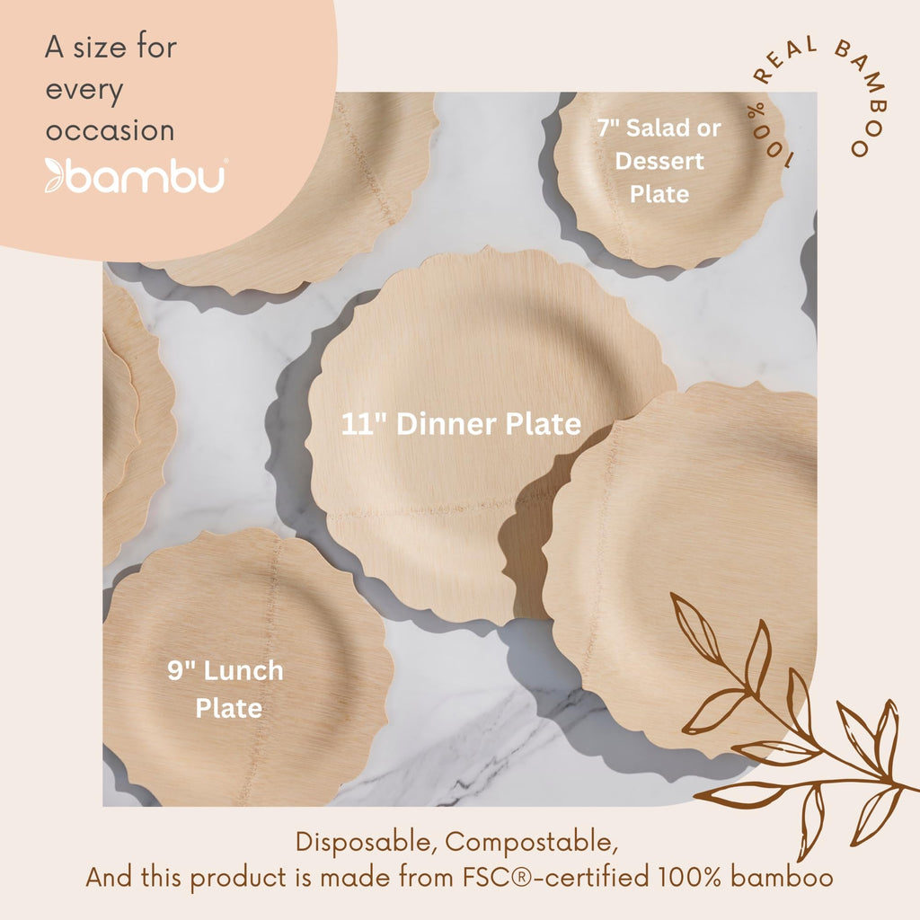 Bambu Pack of 8-7 Inch Disposable Bamboo Plates Fancy, Biodegradable Eco Friendly Products, Bamboo Disposable Plates for Events, Compostable Plates