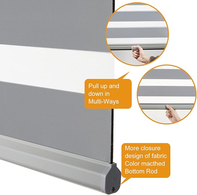 Persilux Cordless Zebra Shades (27" W X 64" H, Grey) Free-Stop Window Shades Dual Layer Light Control for Day and Night, Light Filtering Sheer Blinds for Windows, Easy to Install