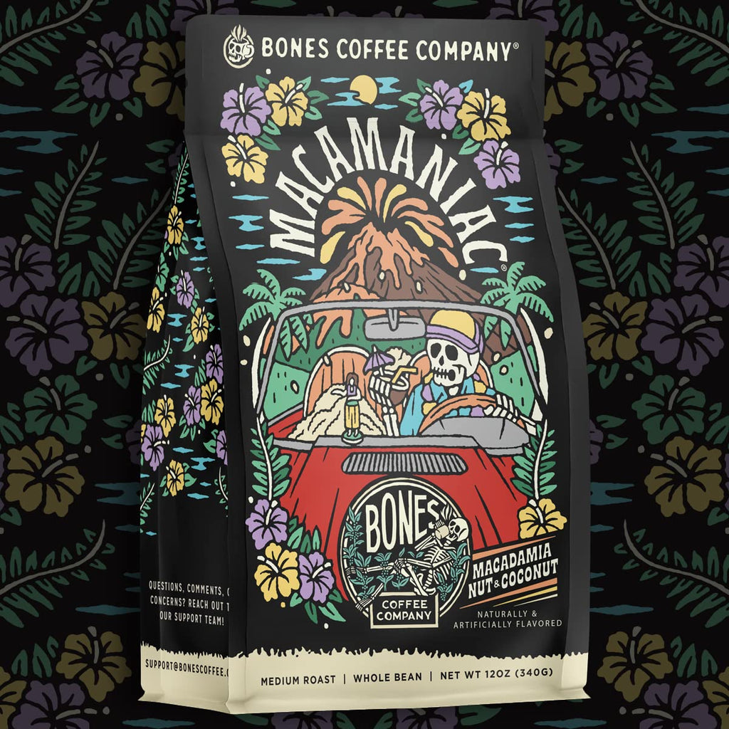 Bones Coffee Company Macamaniac, Macadamia and Coconut Flavored Coffee, Medium Roast Low Acid Arabica Beans Compatible with Auto drip and French Press Coffee Maker, 12 Oz Whole Bean