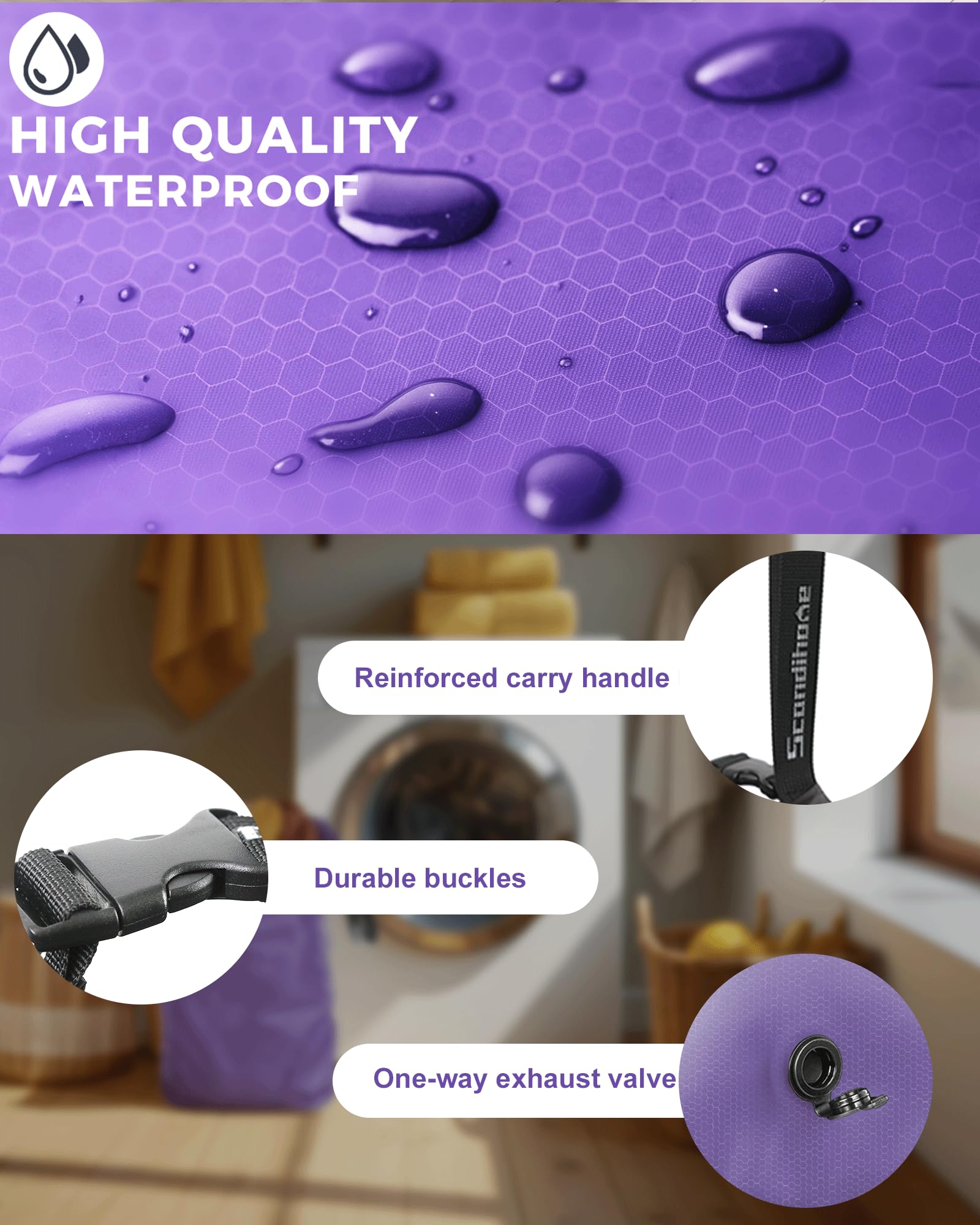 Compression Travel Laundry Bag for Dirty Clothes, Pump-Free Laundry Bag for Suitcase & Dorm, Waterproof Wet Dry Clothes Organizer, Large Capacity Space Saving Travel Bag (1 Pcs)(Purple, M)