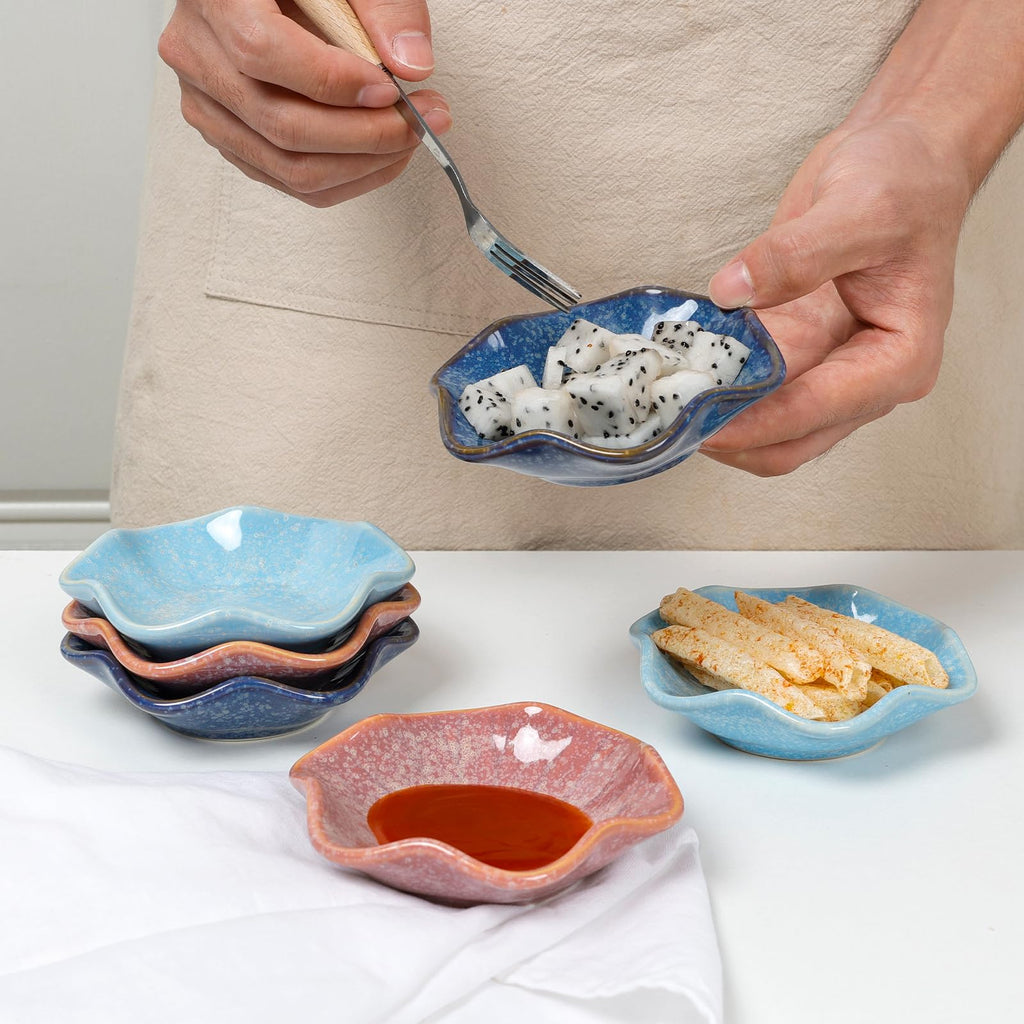 ZEBERBO Dipping Bowls Set of 6, Ceramic Soy Sauce Dishes, 2 oz Dipping Sauce Cups, chrysanthemum Round Small Side Dish Dishes for Dipping Sushi Tomato Soy Sauce Dish