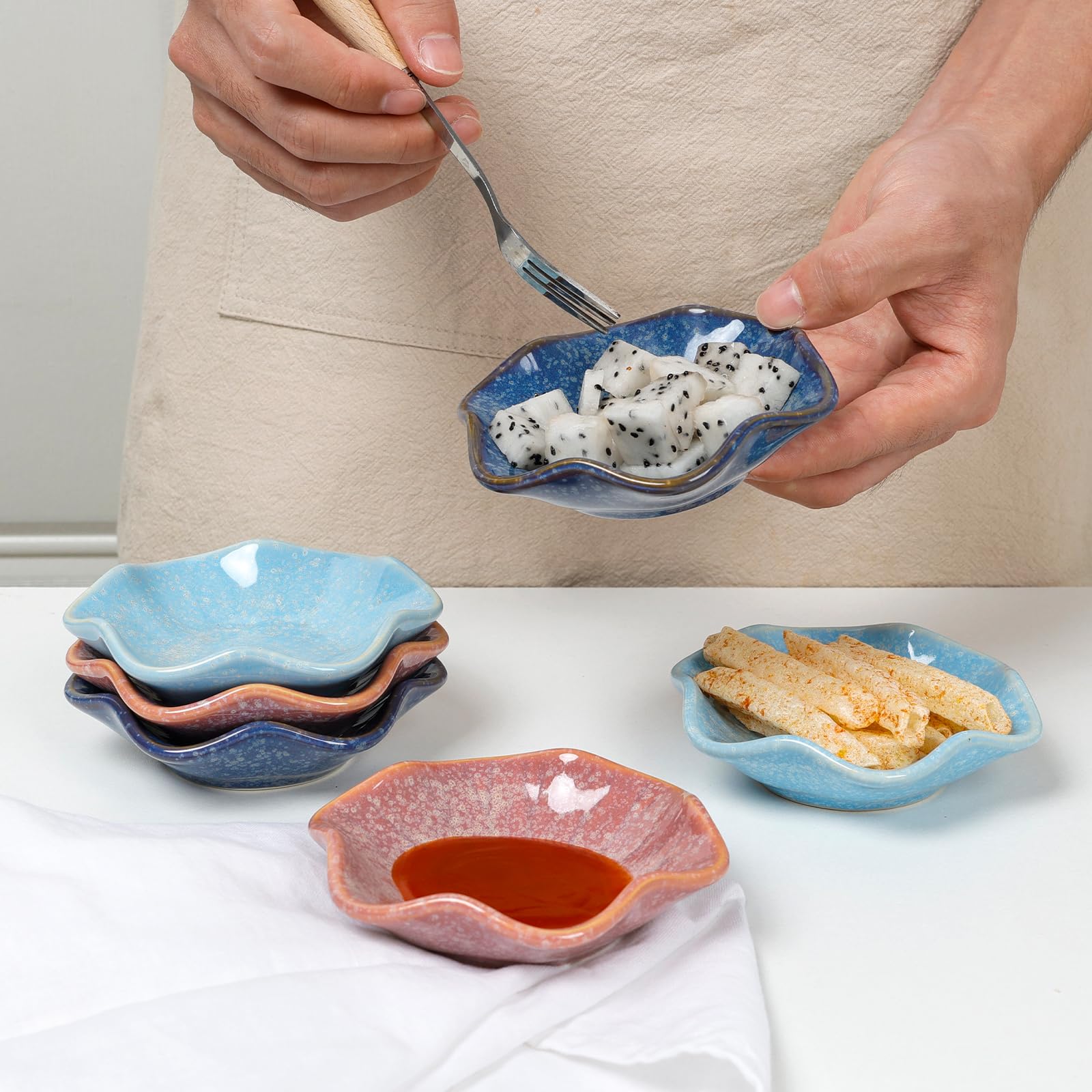 ZEBERBO Dipping Bowls Set of 6, Ceramic Soy Sauce Dishes, 2 oz Dipping Sauce Cups, chrysanthemum Round Small Side Dish Dishes for Dipping Sushi Tomato Soy Sauce Dish