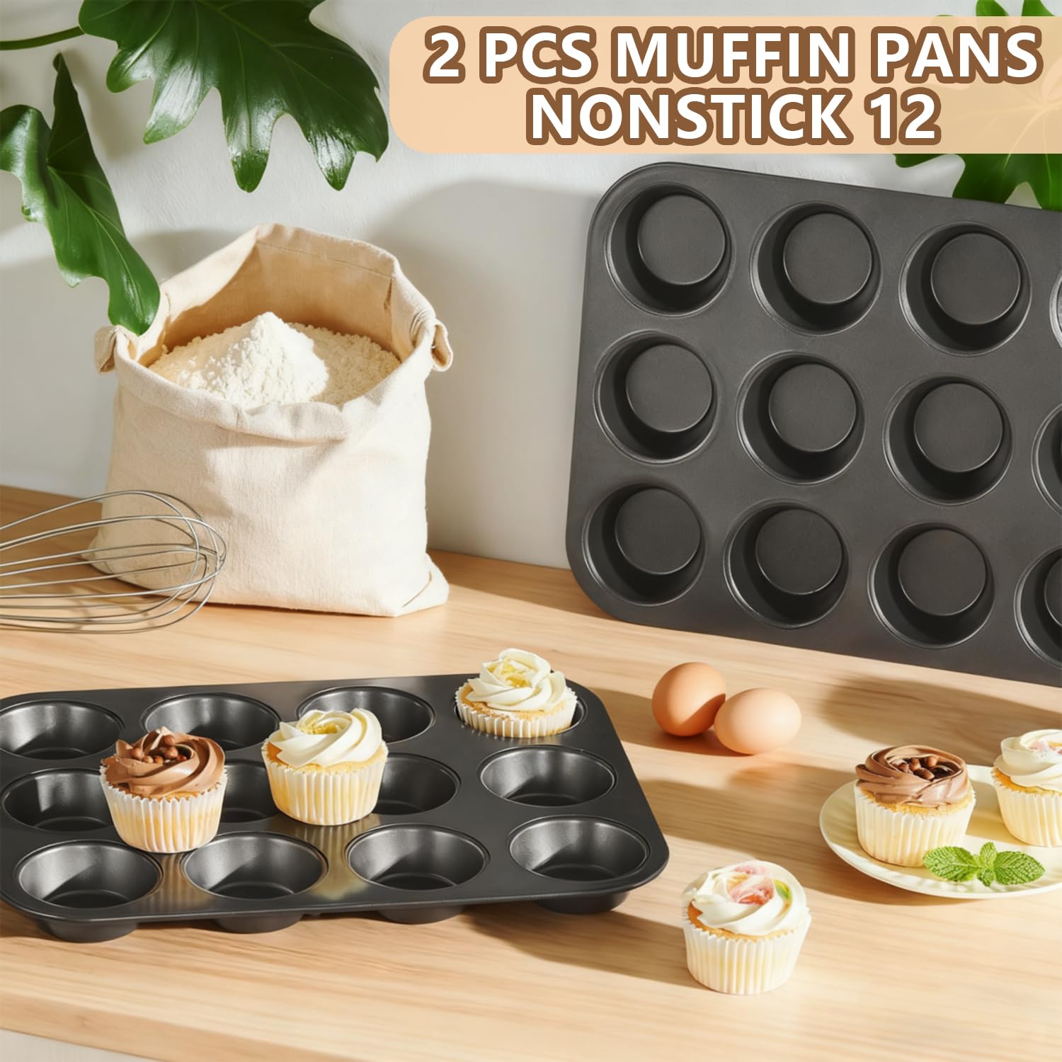 TAOUNOA Muffin Tin, 12-Well Nonstick Cupcake Pan Set of 2, Heavy Duty Steel Muffin Pan