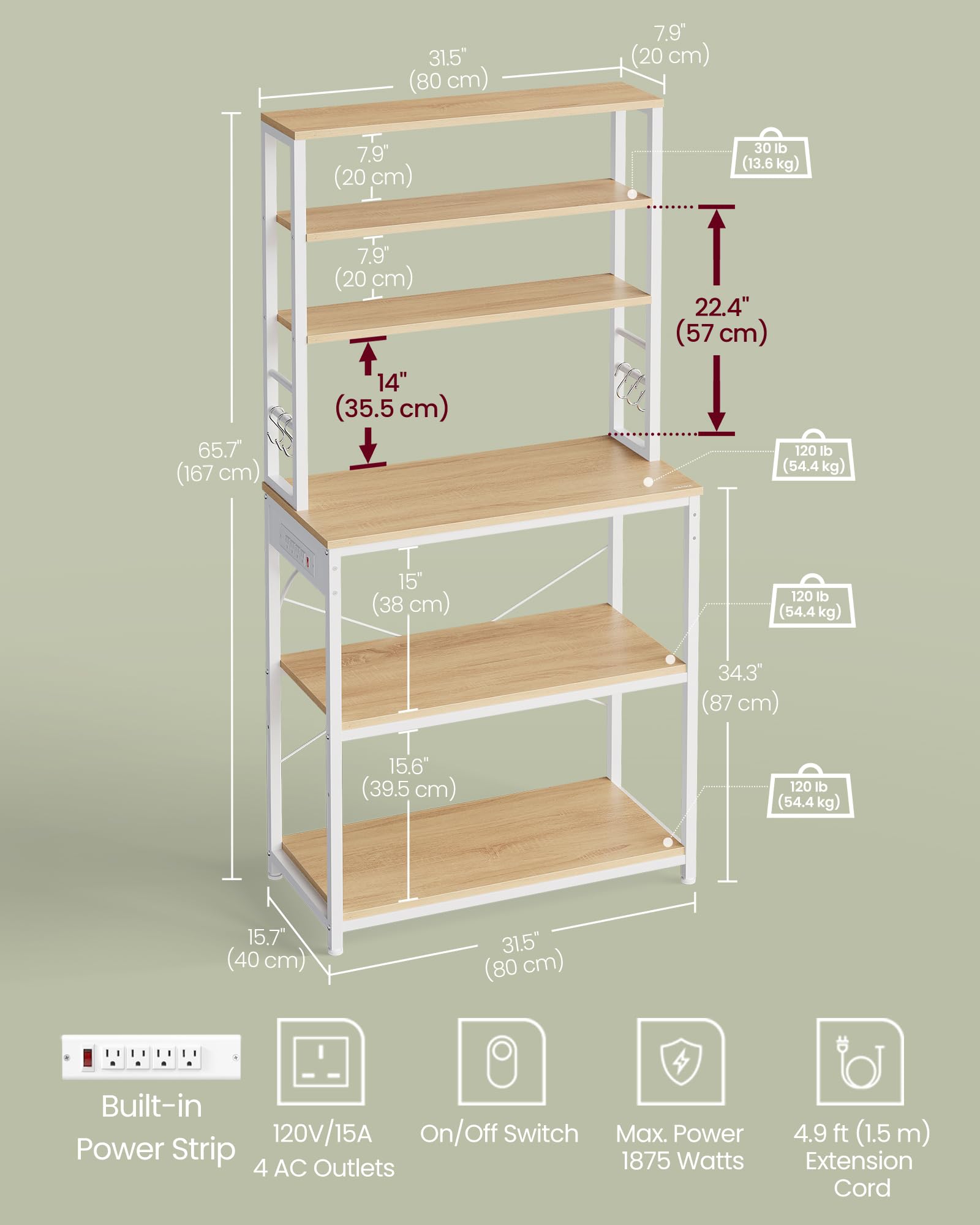 VASAGLE Bakers Rack with Power Outlet, 31.5 Inches Coffee Bar for Kitchen with Storage, 6-Tier Kitchen Shelves with 6 Hooks, Microwave Stand, Modern, Golden Oak and Cloud White UKKS119Y01