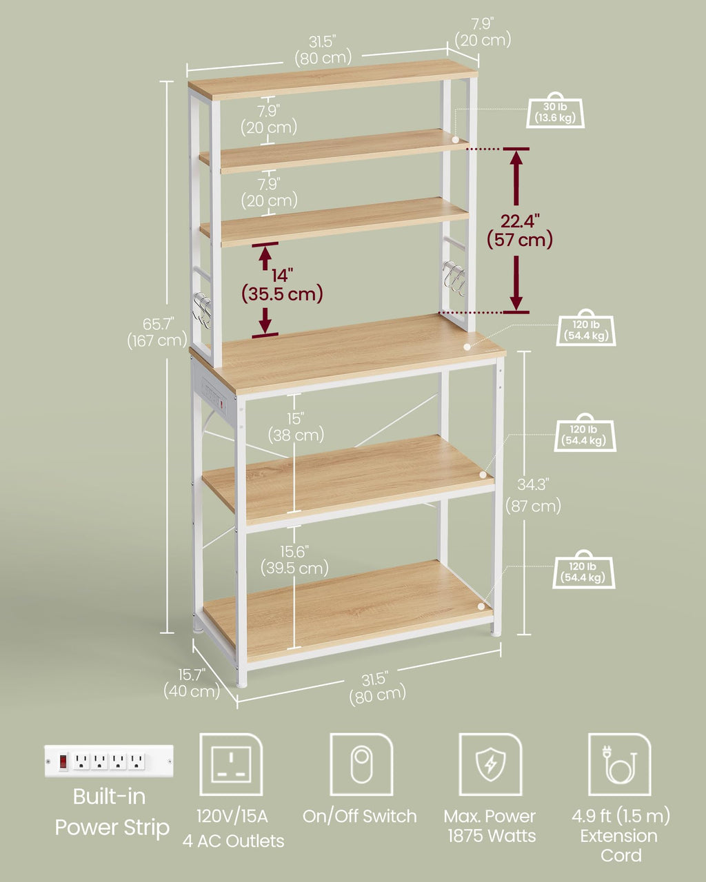 VASAGLE Bakers Rack with Power Outlet, 31.5 Inches Coffee Bar for Kitchen with Storage, 6-Tier Kitchen Shelves with 6 Hooks, Microwave Stand, Modern, Golden Oak and Cloud White UKKS119Y01