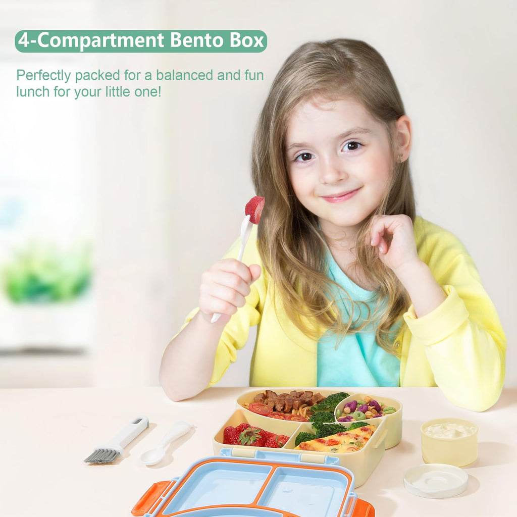 SAYAPE Kids Bento Lunch Box - Toast-Shaped 4-Compartment Lunchable Food Container with Sauce Cup, Utensils & Brush, BPA-Free, Reusable Snack Container with lid, Ideal for School & Travel - Blue