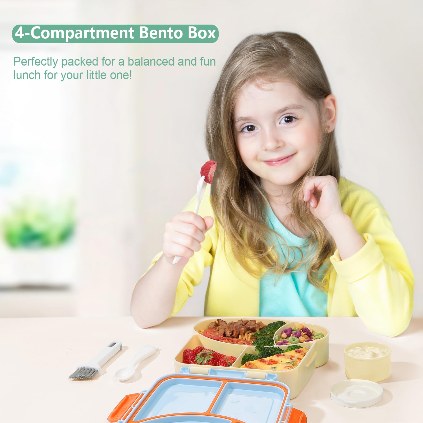 SAYAPE Kids Bento Lunch Box - Toast-Shaped 4-Compartment Lunchable Food Container with Sauce Cup, Utensils & Brush, BPA-Free, Reusable Snack Container with lid, Ideal for School & Travel - Blue