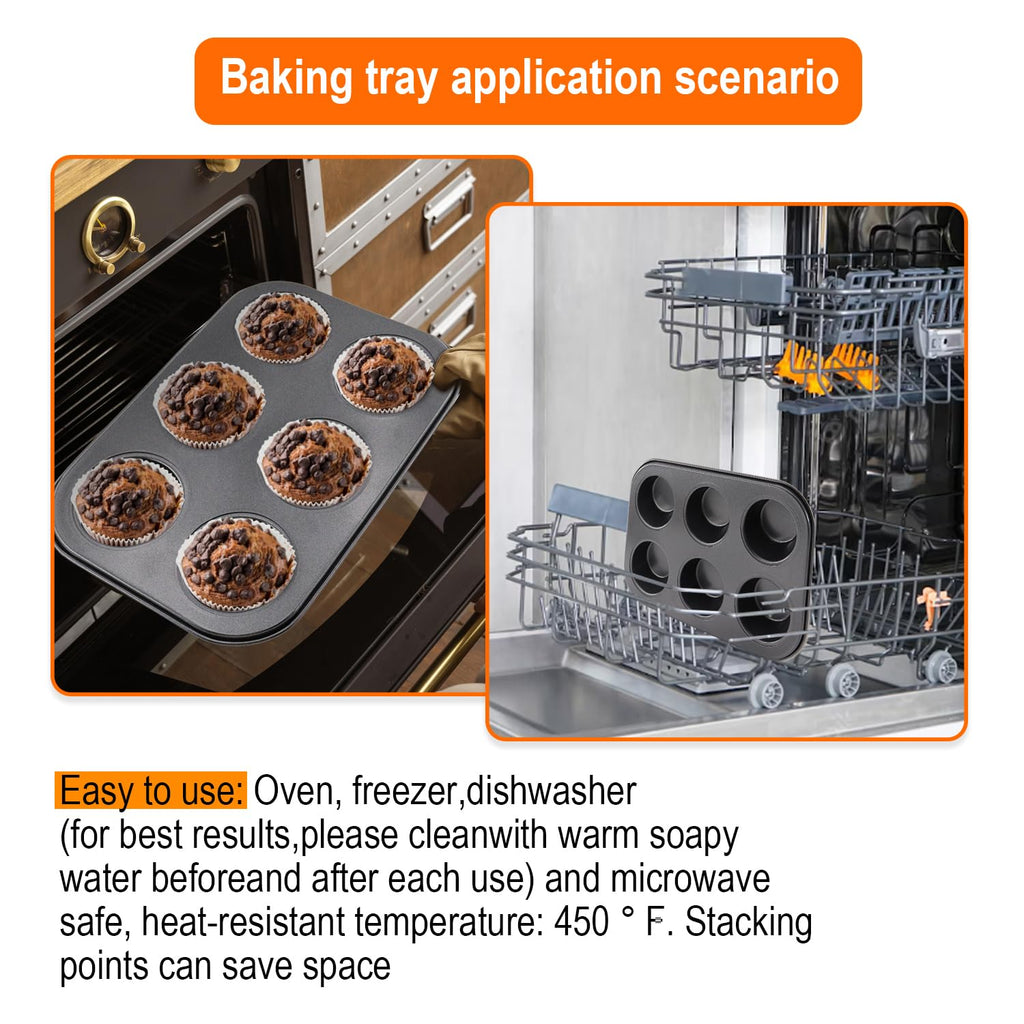 DRAONGYE 2 Packs Round Muffin Baking Pan, Premium Steel Muffin Pan for Baking, Cupcake Tin Cheesecake Pans, Bakeware Muffin Top Pan (6 Cups,Black)