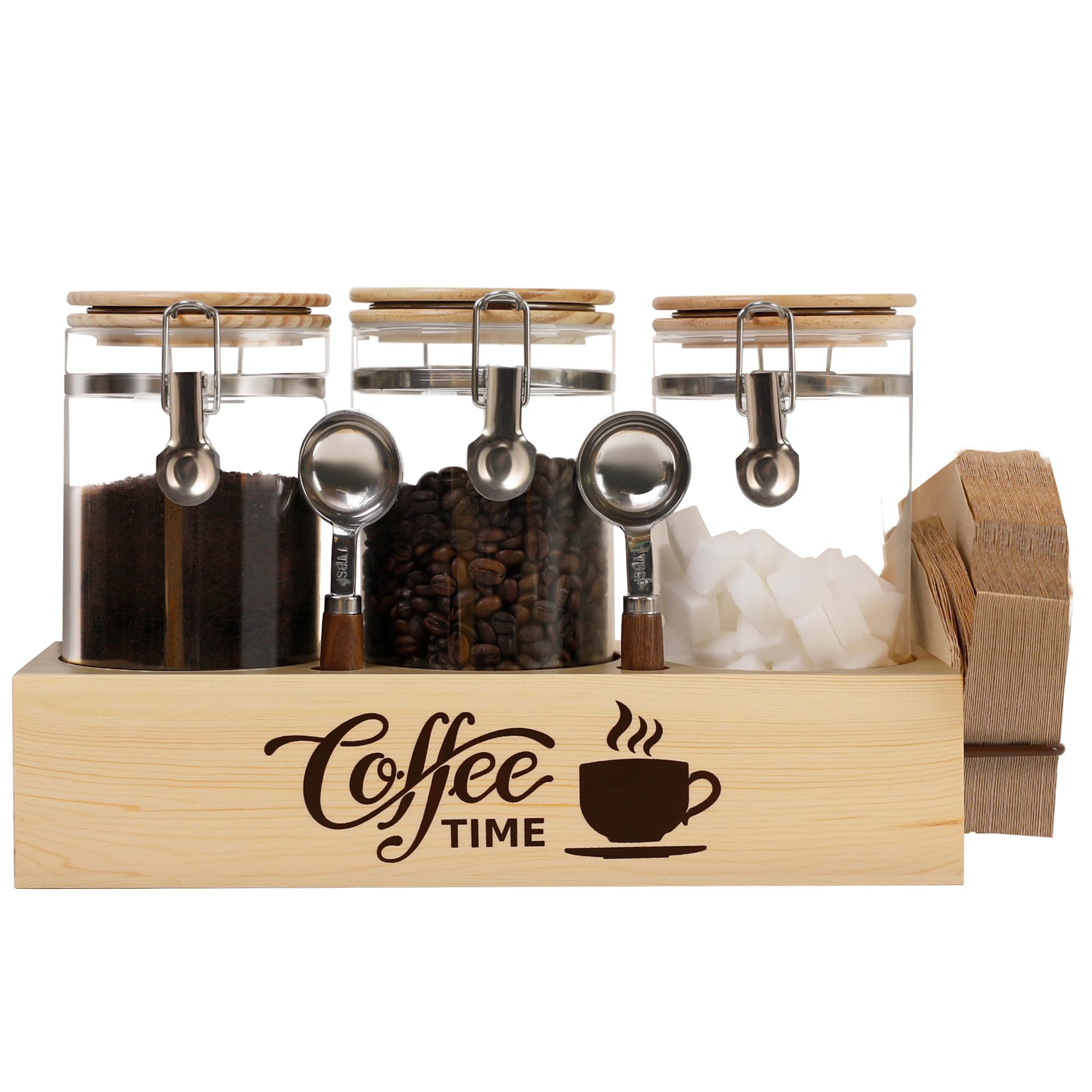EQEY Glass Coffee Canister Set with Shelf & Spoons - 3 Piece Airtight Seal Coffee Bean Storage Containers & Filter Holder for Kitchen Organization