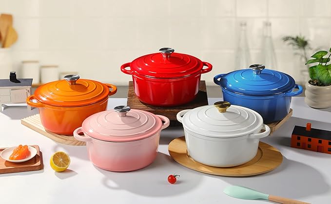 Enameled Cast Iron Dutch Oven Pot with Lid Heavy-Duty Cookware for Bread Baking, Braising, Stews, Roasting,5.5QT，red