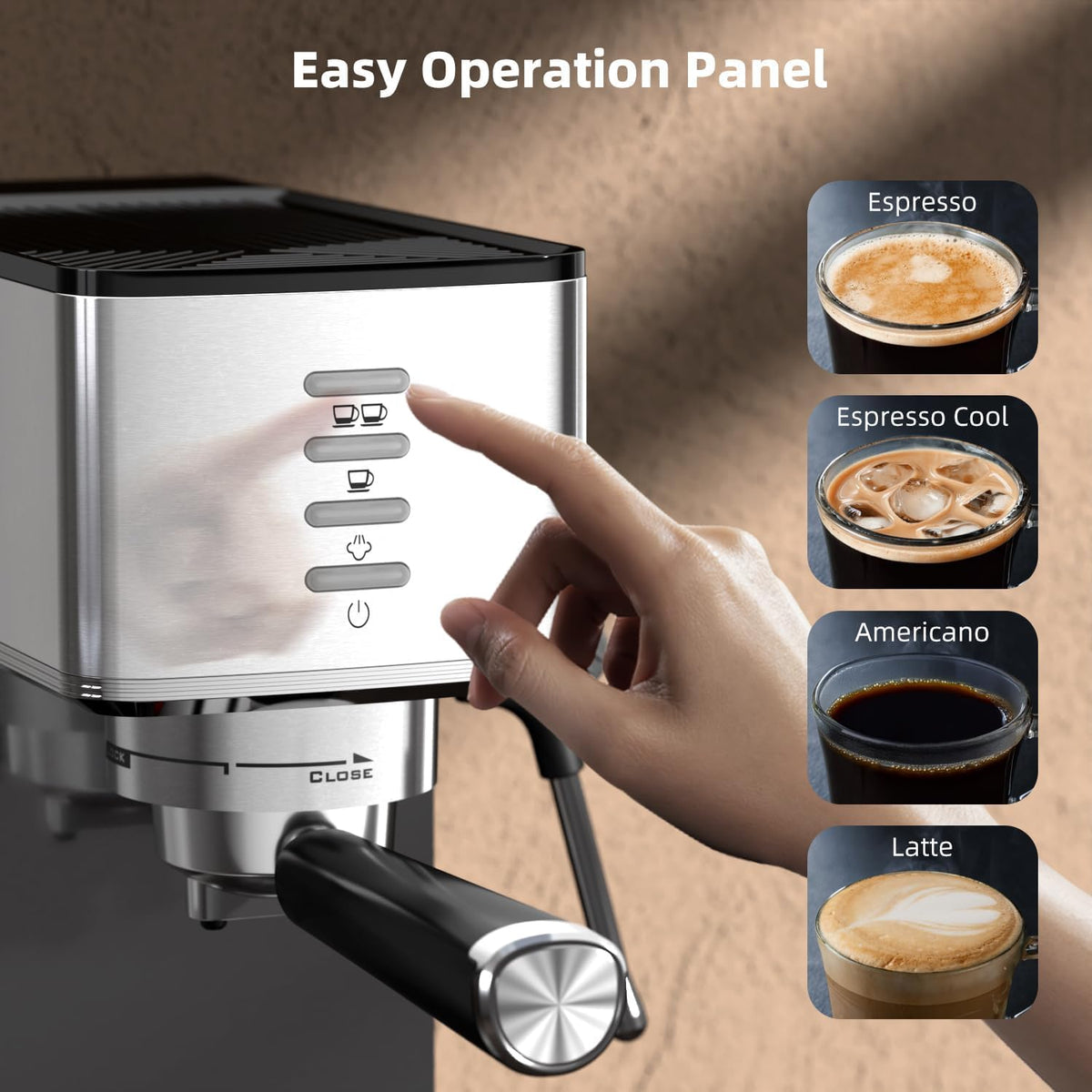 Electactic CM8032SH Essential Stainless Steel Espresso Machine with Steam Wand, Powerful 20-Bar Italian Pump, 37oz Removable Water Tank, Compact Espresso Maker for Home Baristas, Cappuccino & Latte