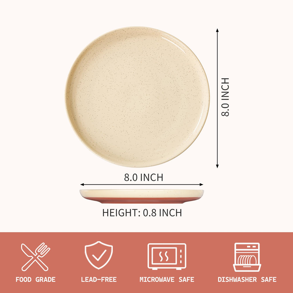 GZG Ceramic Dinner Salad Plates Set of 4, 8 Inch Speckled Dinnerware Dessert Plates with Clay-Tone Base, Microwave Oven Dishwasher Safe