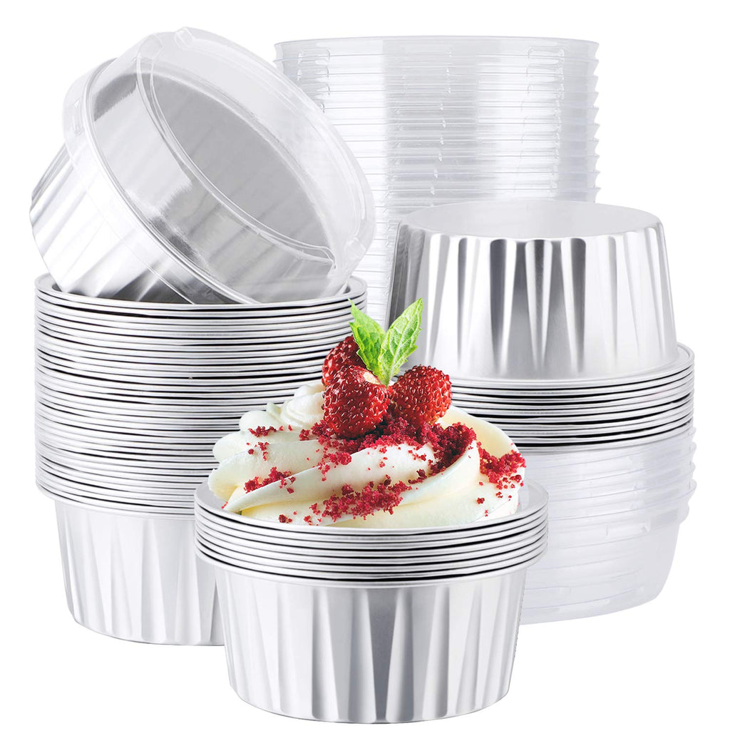 EUSOAR Muffin Cupcake Liners for Baking, 50pcs 5oz 125ml Disposable Ramekins, Aluminum Foil Muffin Liners Cups with Lids, Disposable Aluminum Foil Cupcake Baking Cups Holders Cases Boxes Pans with Lid