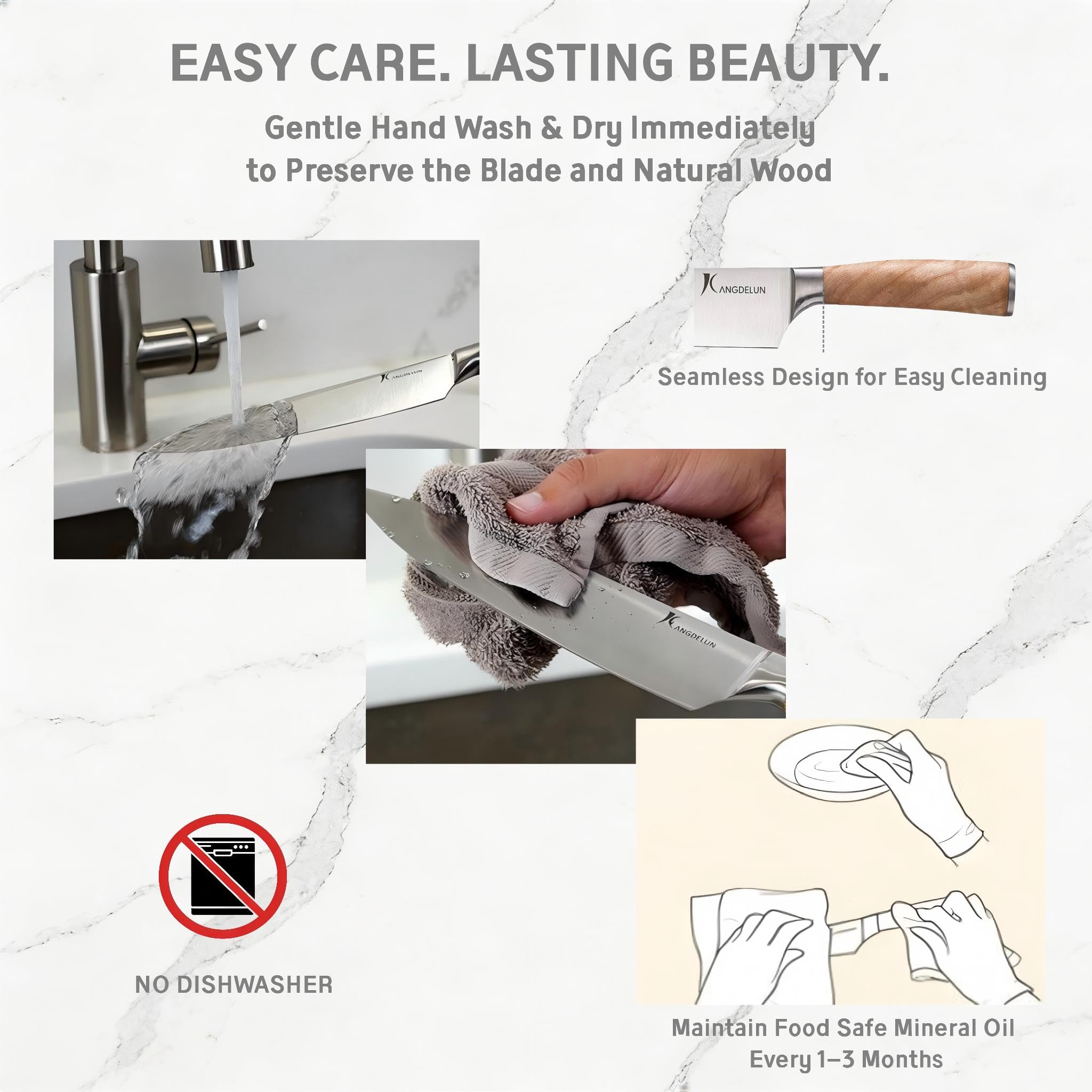 Kangdelun Ultra Sharp 14-Piece Kitchen Knife Set, High Carbon Stainless Steel Blades, Torrefied Natural Wood Handles, Ergonomic Design, Space-Saving White-Finished Wood Block, Easy Hand Wash, Gift Box