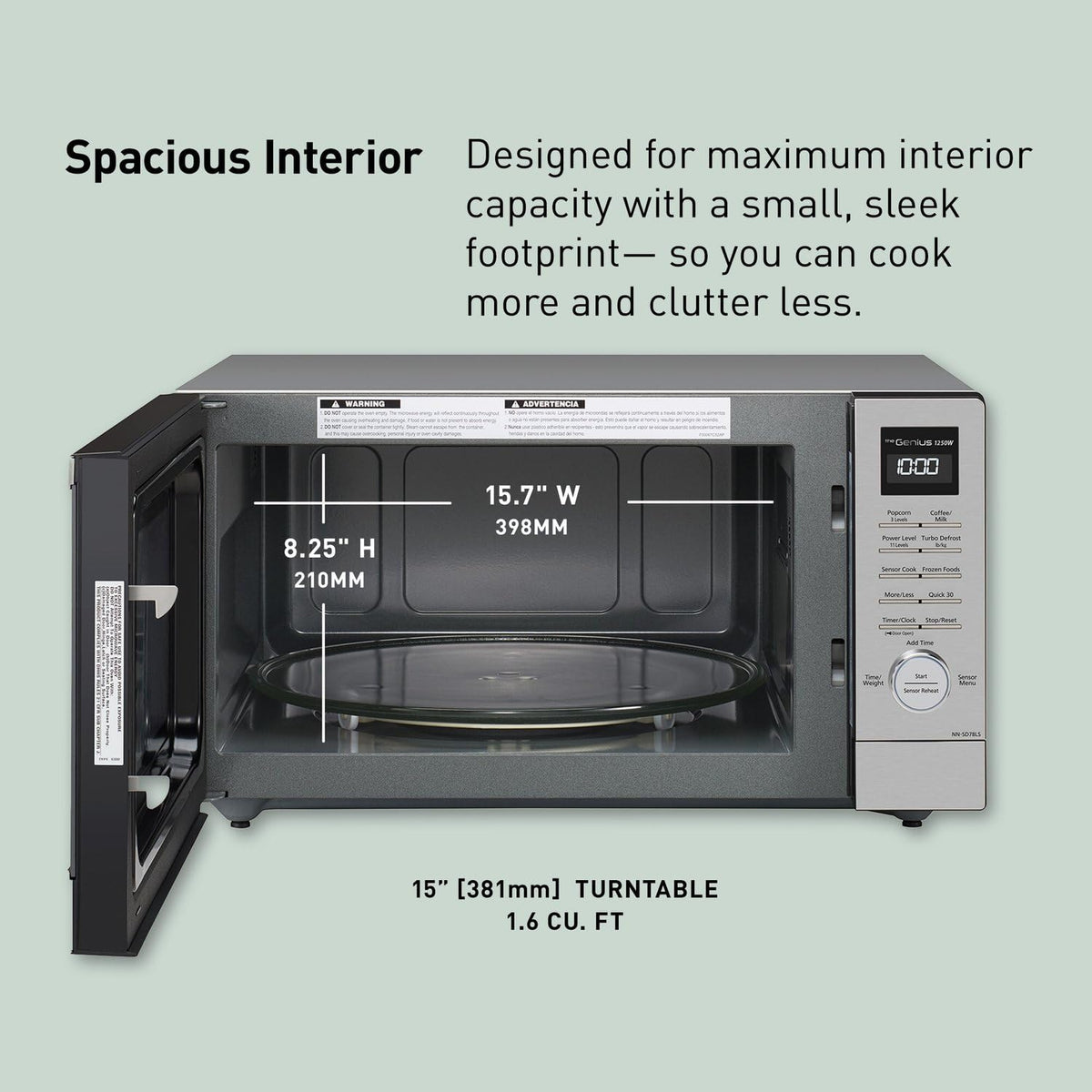 Panasonic NN-SD78LS 1.6 cu.ft Cyclonic Inverter Countertop Microwave Oven 1250Watt Power with Genius Sensor Cooking, cft, 19.44"D x 21.88"W x 11.94"H,Stainless Steel