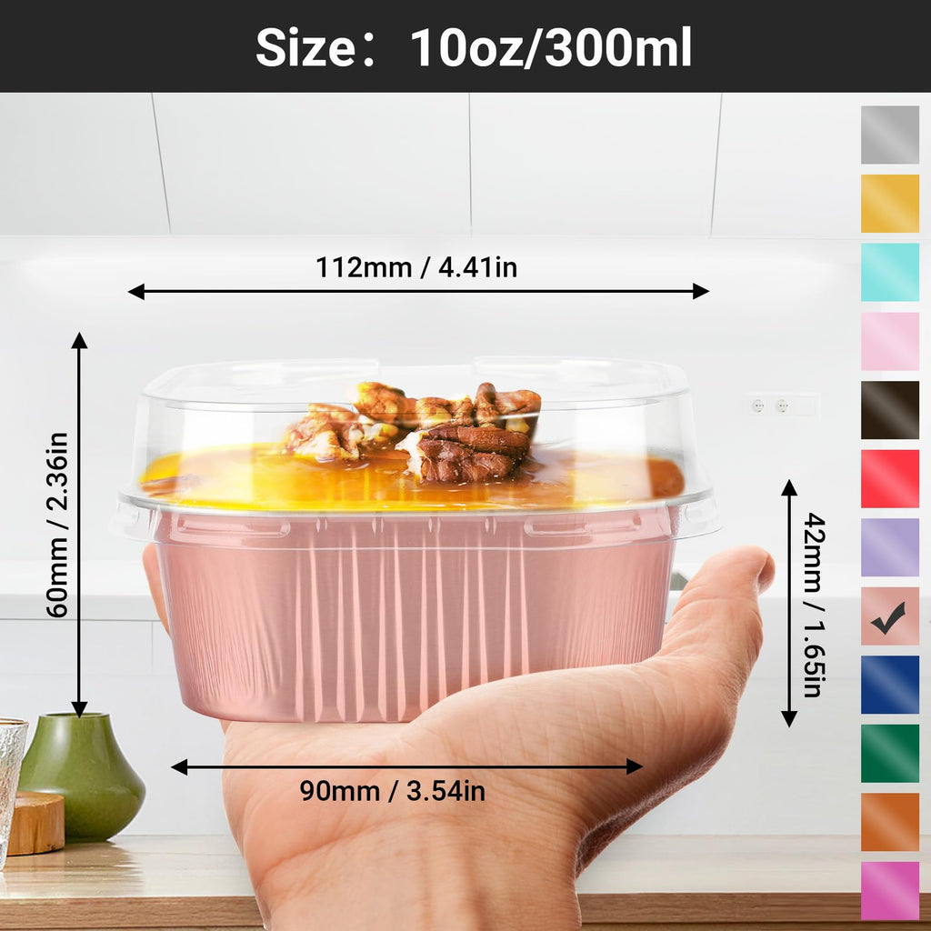EUSOAR Disposable Ramekins, 50pcs 10oz Rose Gold Creme Brulee Ramekins Disposable Muffin Cups for Baking, Mini Cake Pans with Lids Loaf Bread Containers Cupcake Liners for Party Favor Birthday