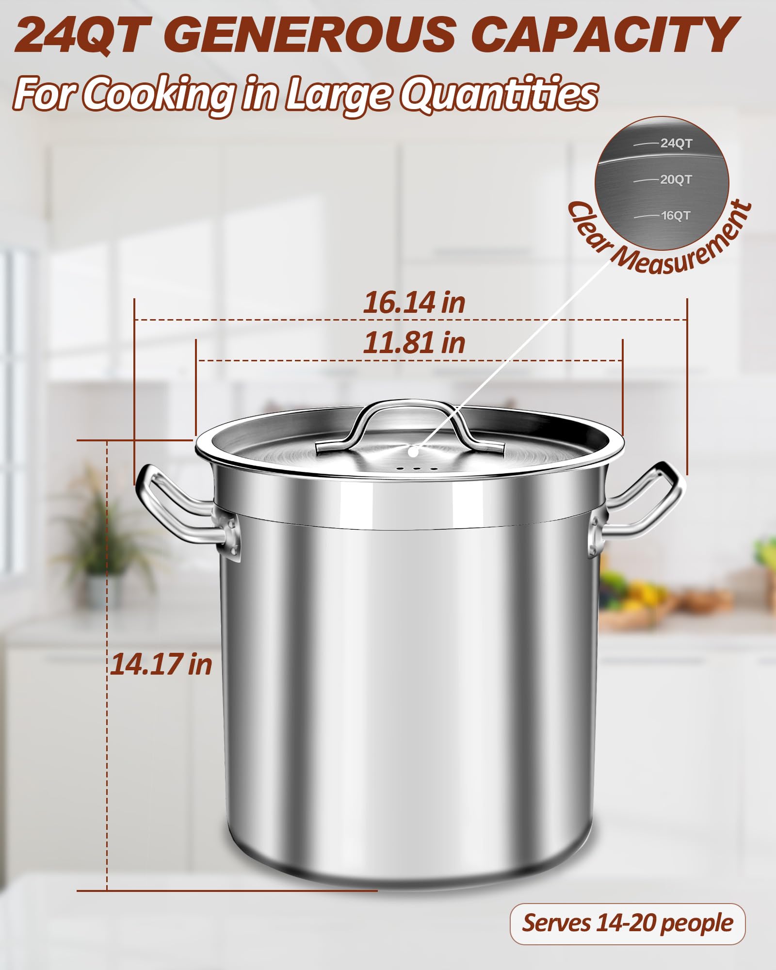 24 Quart Stainless Steel Stock Pot with Lid – Heavy Duty Cooking Pot for Soup, Stew, Pasta – Induction Compatible, Dishwasher Safe – Ideal for Home & Commercial Use