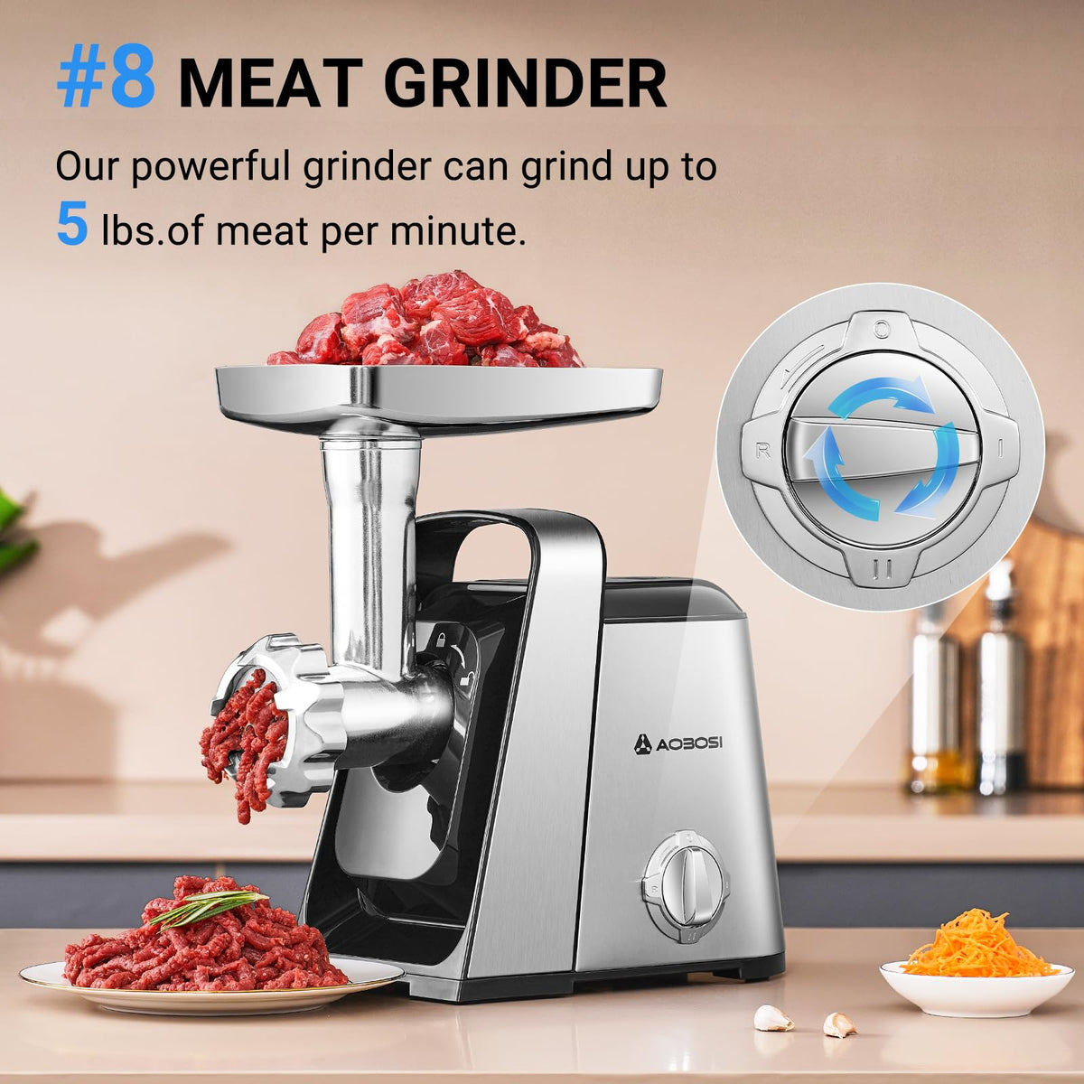 AAOBOSI 6-in-1 Meat Grinder, 3000W, 2 Speeds + Reverse, for Daily Prep