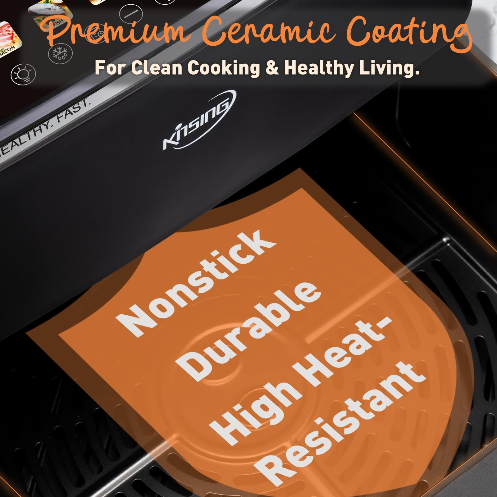 KINSING 10.6 QT Oilless XL Large Air Fryer, 9 Presets & Keep Warm, Stainless Steel Inner Cavity, 400℉ Precise Temp Control, Shake Reminder, Square Non-Stick&Dishwasher Safe Basket,With Visible Window