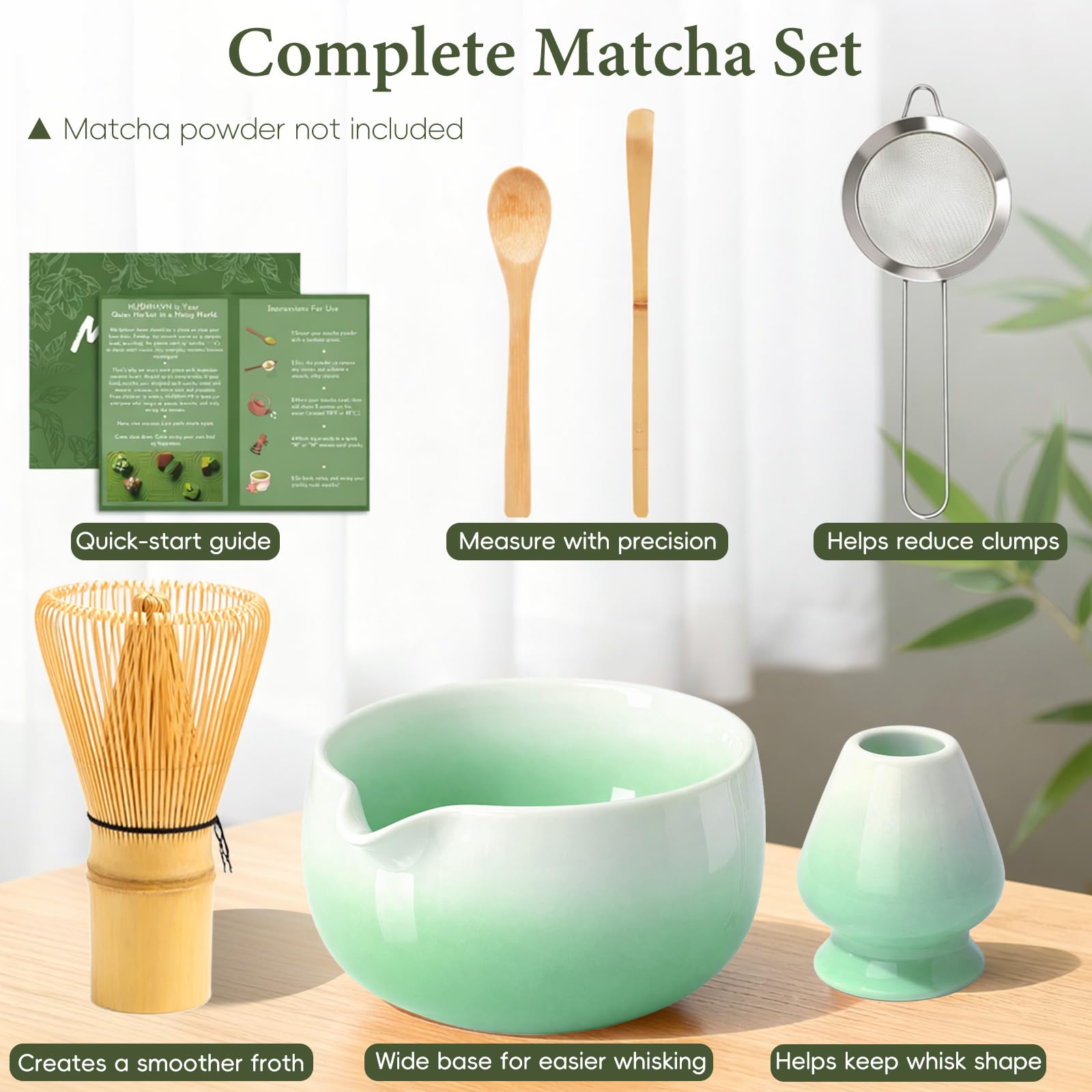 HUSHHAVN Matcha Whisk Set, Ceramic Matcha Set Includes Bowl & Holder, Bamboo Whisk (Chasen), Scoop, Spoon and Sifter, 6PCS Matcha Kit Covers Everything Needed for Making Matcha (Green)