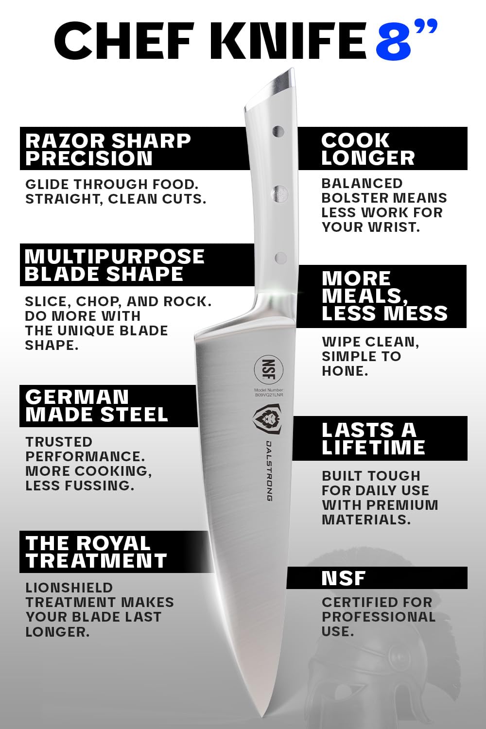 Dalstrong Chef Knife - 8 inch Blade - Forged HC German Steel Chef's Knife - Full Tang - Glacial White ABS Handle - Gladiator Series - Razor Sharp Kitchen - Professional - Sheath - NSF Certified