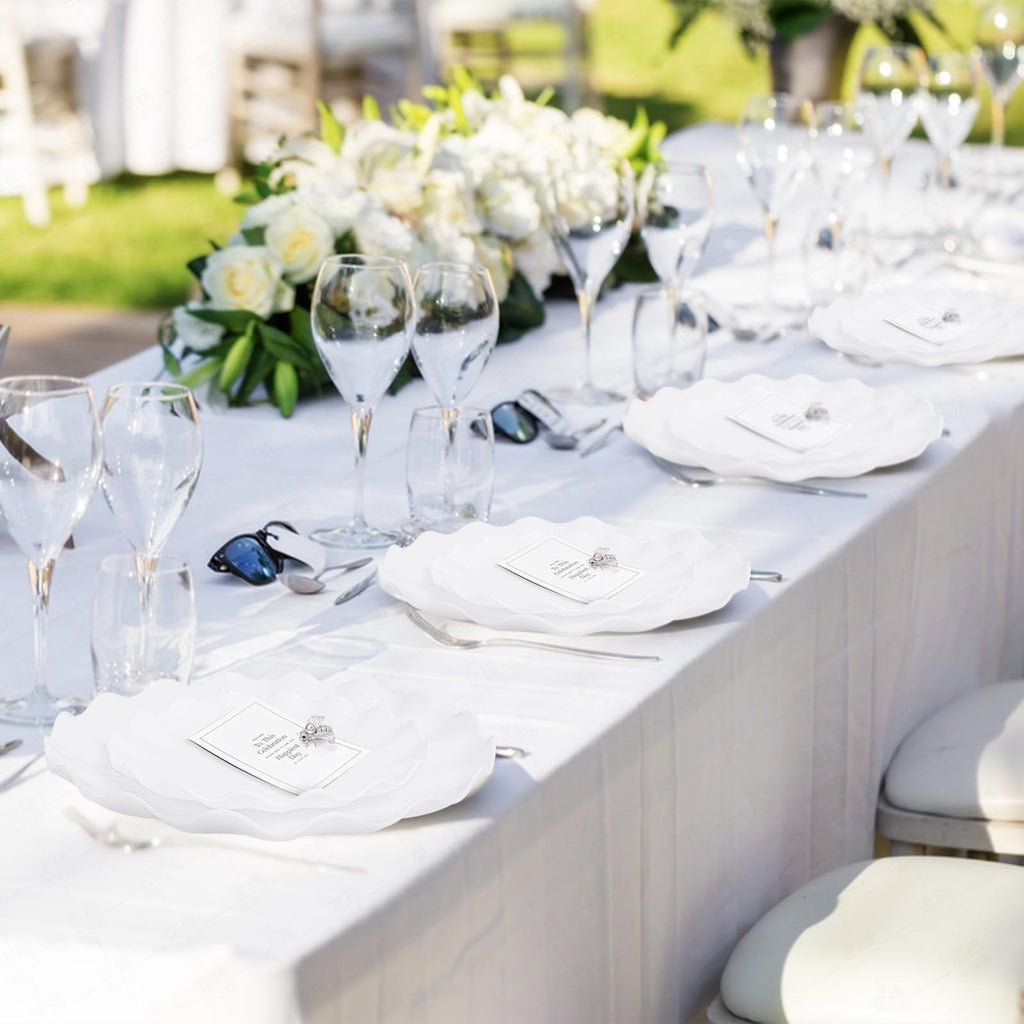 LIYH 50 Pcs White Scalloped Plastic Plates Reusable - Unbreakable Plastic Plates for Weddings Party Outdoor Picnics Dishwasher Safe BPA Free(25Guests)