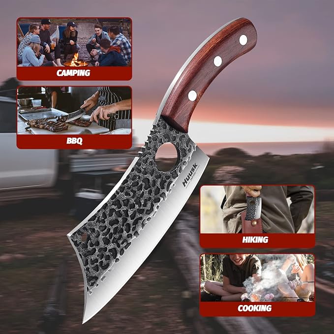 Huusk Meat Cleaver Knife, Hand Forged Butcher Knife for Meat Cutting, Full Tang Viking Knife with Sheath, Japanese Chef Knives for Kitchen, Outdoor Cooking, Camping, BBQ, Gift for Man and Women