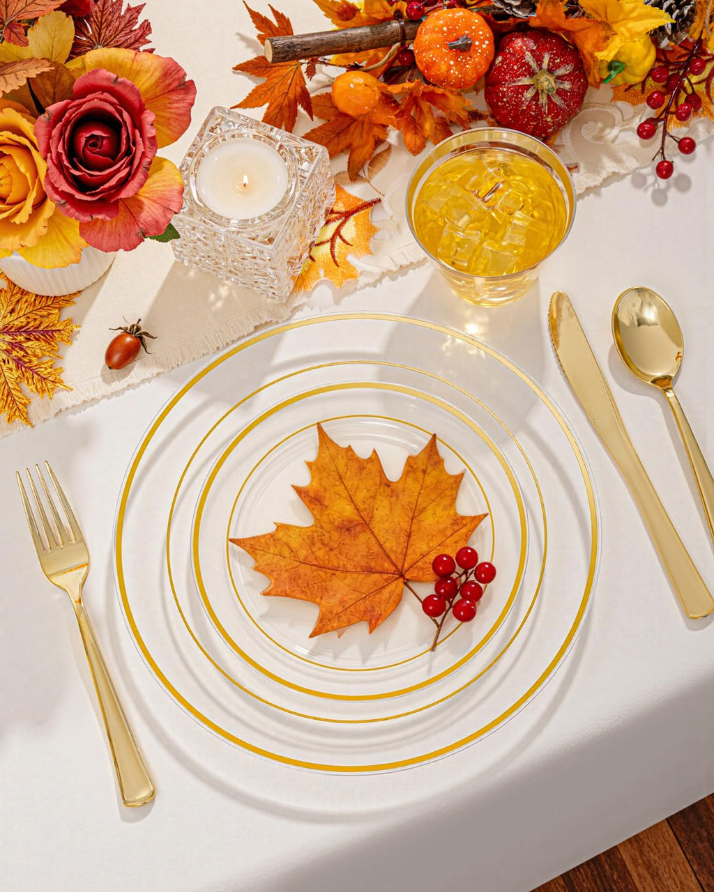 bUCLA 150Pcs Clear Gold Plastic Dinnerware Set - Clear and Gold Disposable Plates Include 25 Dinner / 25 Dessert Plates,25 Knives,25 Forks,25 Spoons,25 Cups for Party