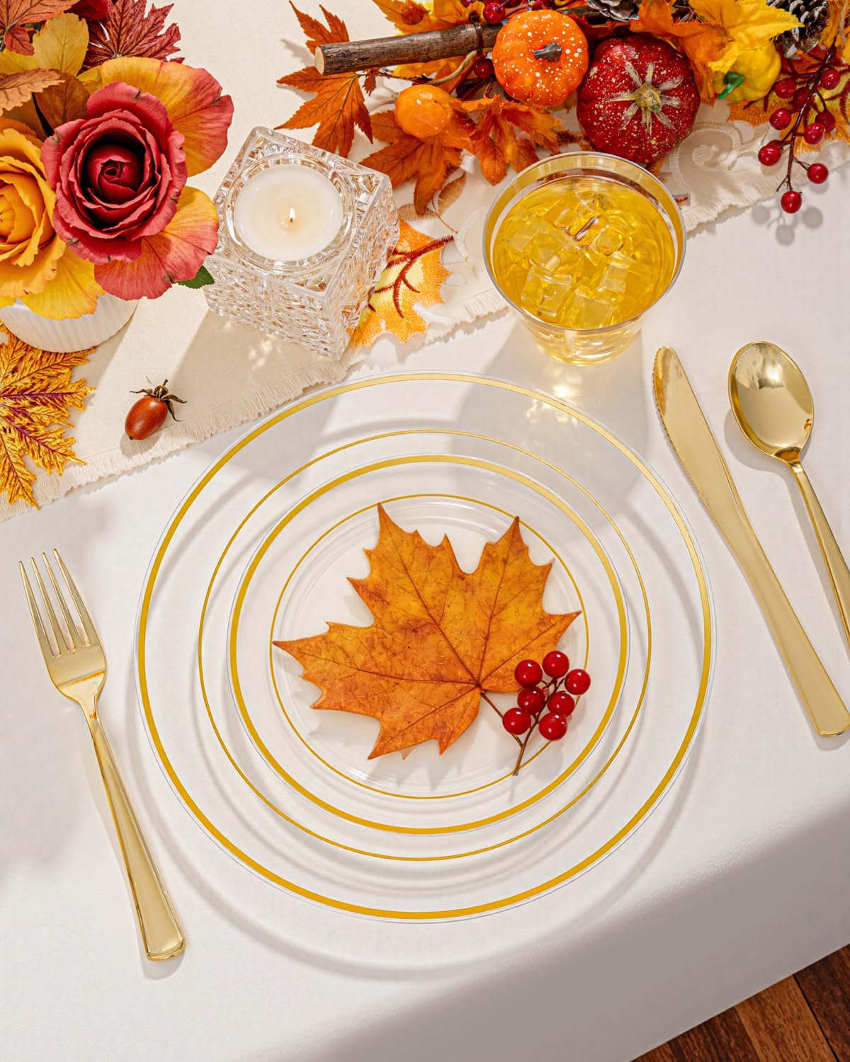 bUCLA 150Pcs Clear Gold Plastic Dinnerware Set - Clear and Gold Disposable Plates Include 25 Dinner / 25 Dessert Plates,25 Knives,25 Forks,25 Spoons,25 Cups for Party