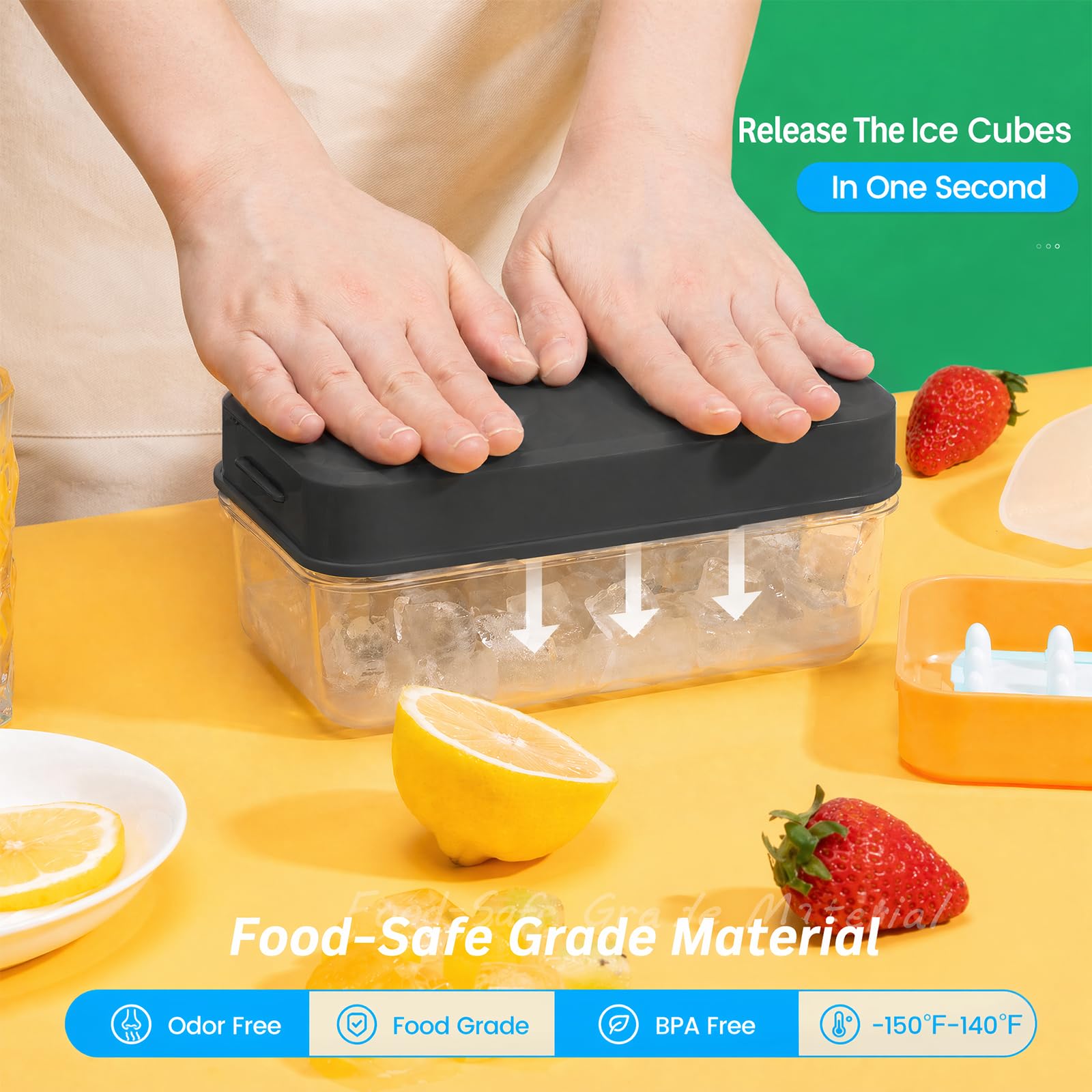 PHINOX Ice Cube Tray with Lid and Bin, Easy Release 84 Cubes for Freezer