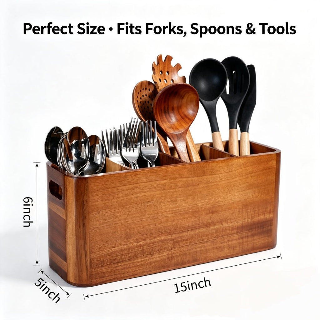 Wooden Kitchen Utensil Holder Organizer for Counter or Countertop, Large Wooden Utensil Holder for Storage Cooking and Silverware with 4 Compartment, Acacia Rustic Wood Container Extra Large