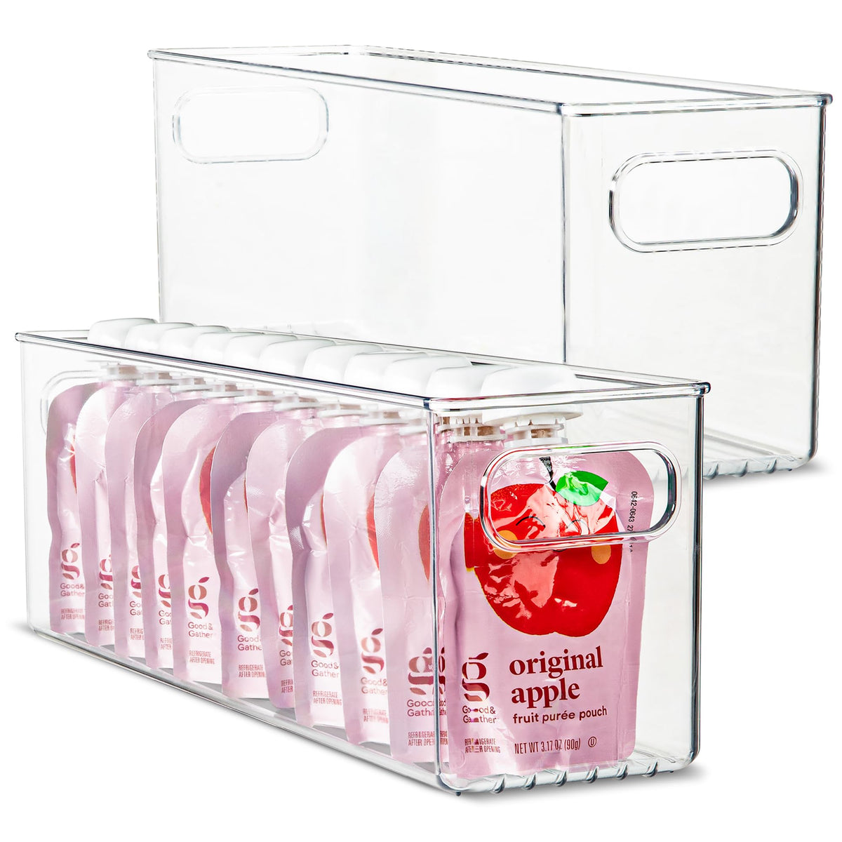 Plastic Food Storage 2 Pack Clear Container Bin with Handles for Organizing Kitchen, Pantry, Refrigerator, Freezer, Pantry, Cabinet, Closet, Bathroom. 16”x8”x5”