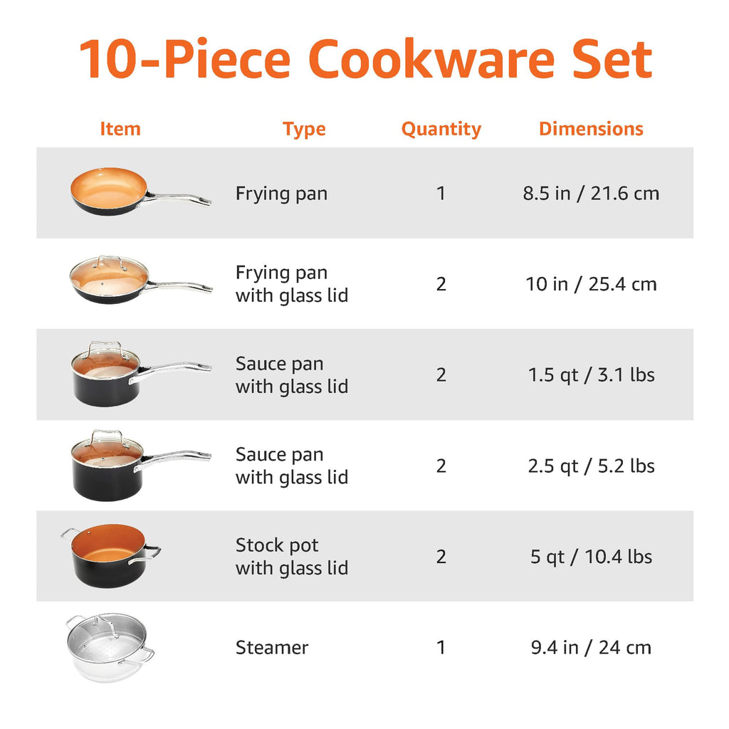 Amazon Basics Ceramic Nonstick Cookware Set, Induction Ready, Dishwasher & Oven Safe, Even Heating, 10-Piece Set with Frying Pans, Saucepans, Glass Lids, Copper Color