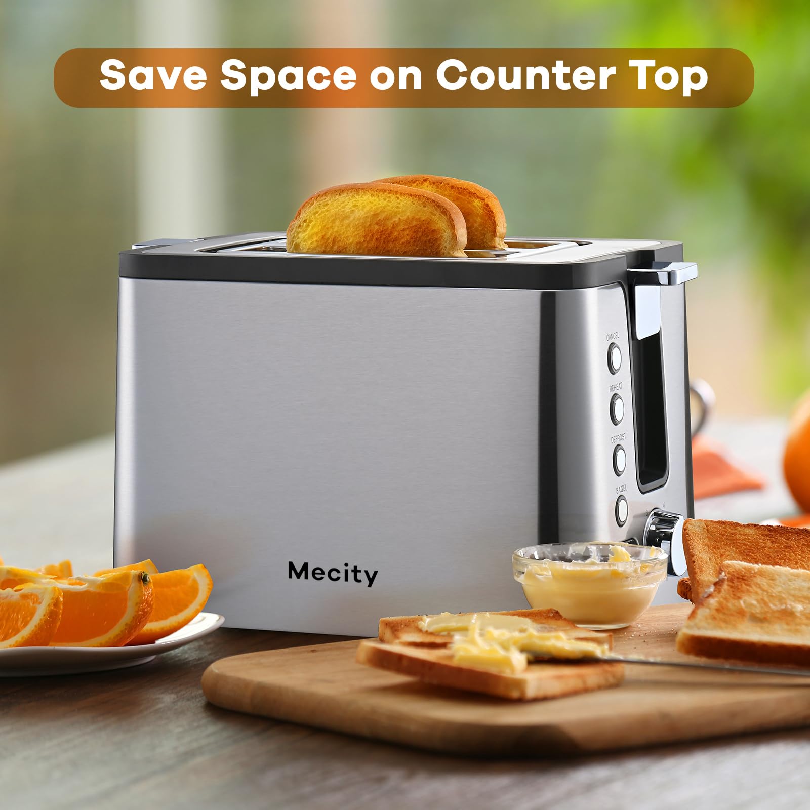 Mecity Toaster 2 Slice Stainless Steel Body, Timer, Bagel, Defrost, Reheat, Cancel Functions, Warming Rack, Removable Tray, 6 Browning Settings, Extra Wide Slots, Bread Toaster 800W
