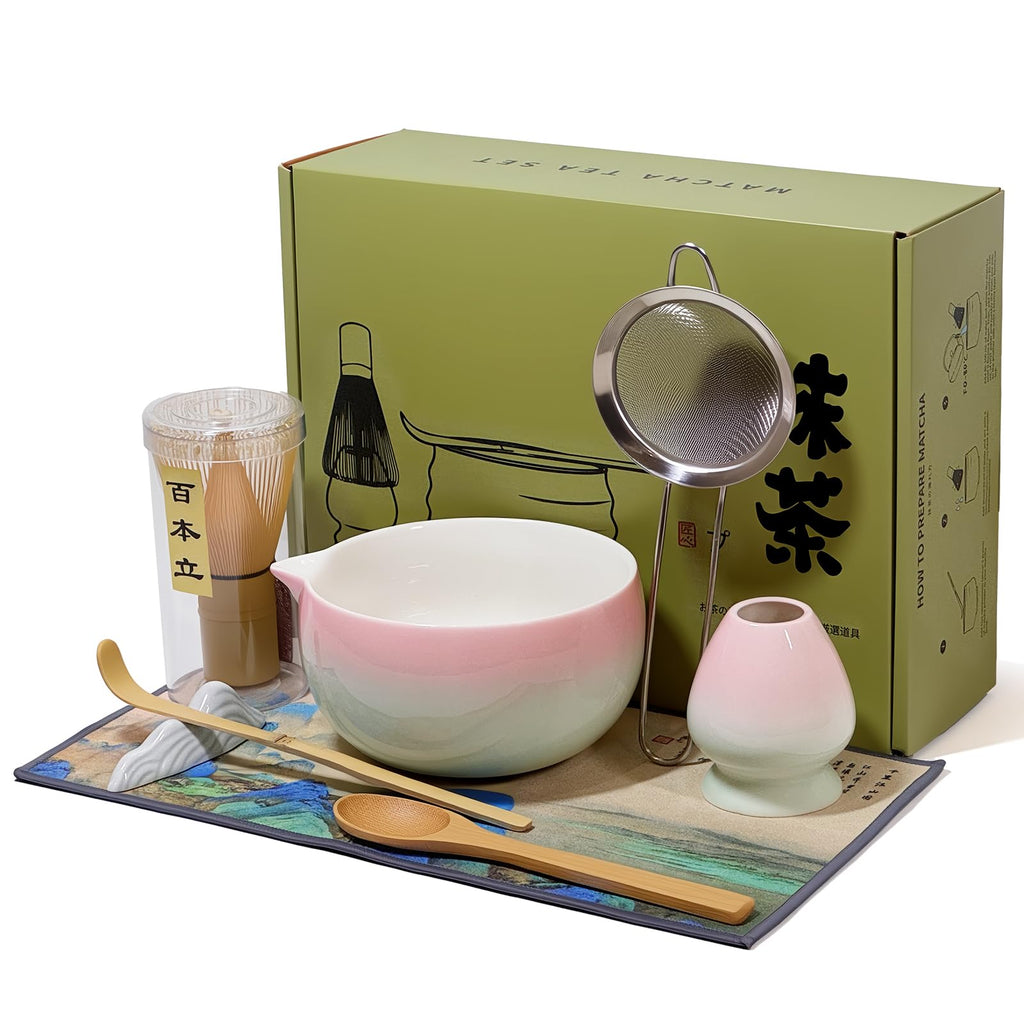 Matcha Whisk Set with Ceramic Bowl - Bamboo Whisk (Chasen), Scoop, Sifter & Holder - Complete Kit for Traditional Matcha Tea - Unique Gifts for Tea Lovers (Sakura Moss Fade)