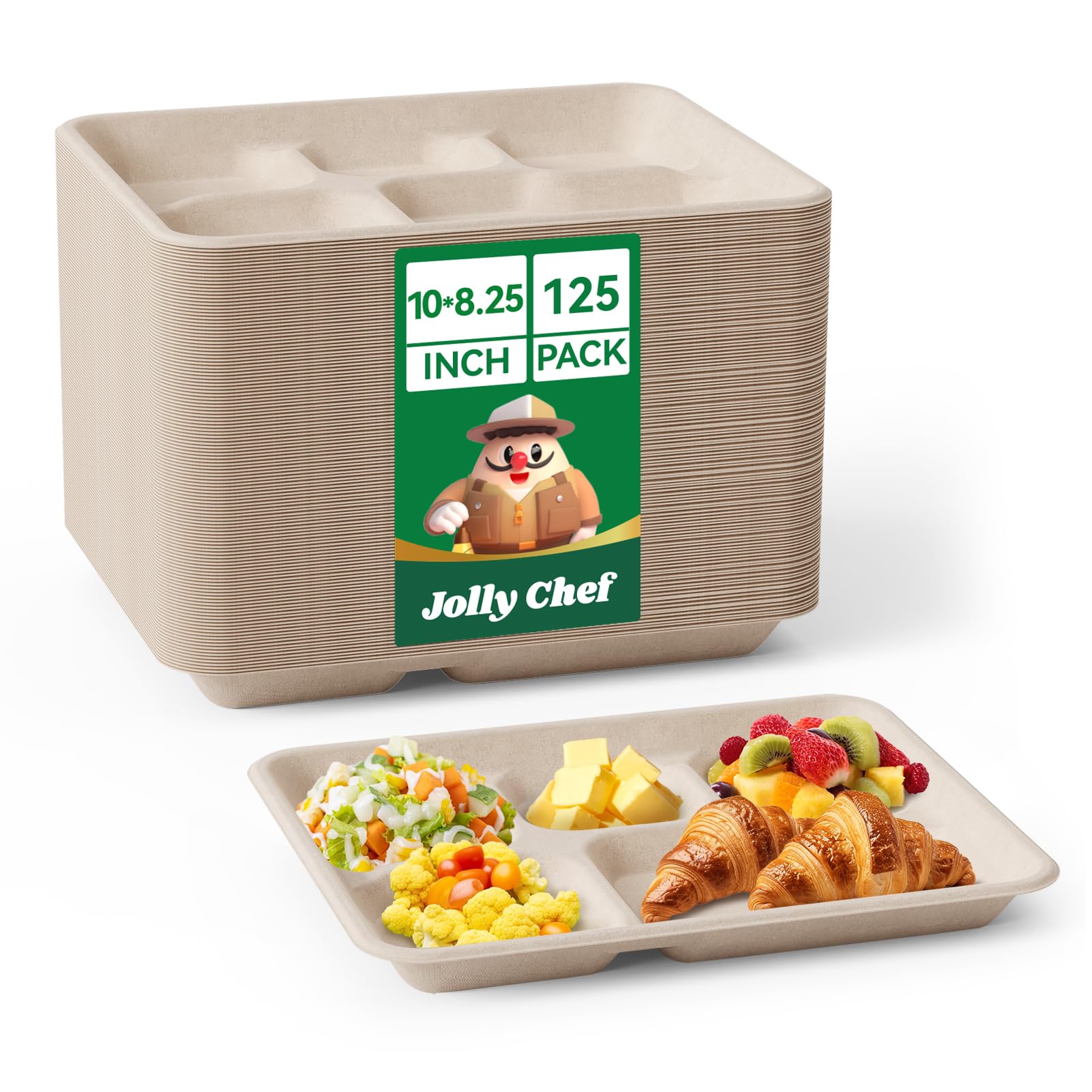 Compostable 5 Compartment 10*8.25*1 Inch 125 Pack Heavy Duty Paper Plates