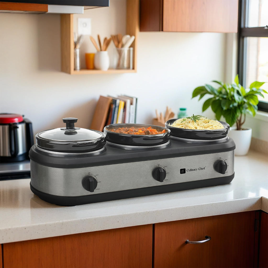CULINARY CHEF, Triple Slow Cooker, Buffet Server 2.5qt x 3 Pot, Food Warmer – Stainless
