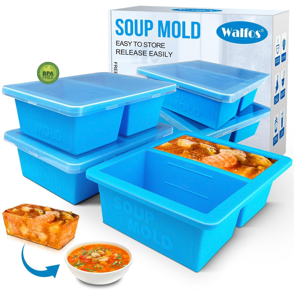 Walfos Silicone Soup Freezer Container, 1-Cup Soup Freezer Cube Tray with Lid Prevents Freezer Odo, 3 Pcs Soup Freezer Molds, Perfect For Storing and Freezing Soup, Broth, Sauce