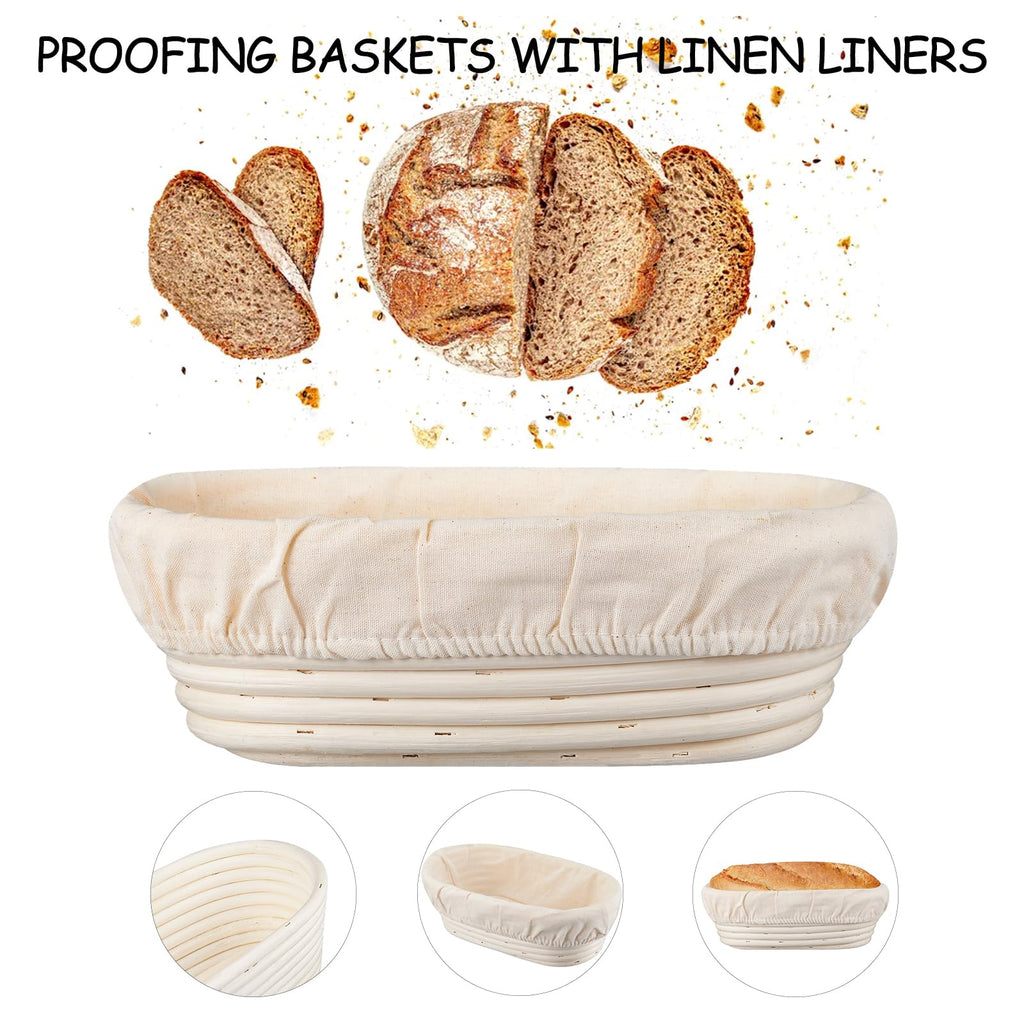Dimpola Banneton Bread Proofing Basket Banneton Basket Set Sourdough Proofing Basket Round Proofing Bowls Handmade Rattan Baskets and Liners (Oval 10 inch set of 2)