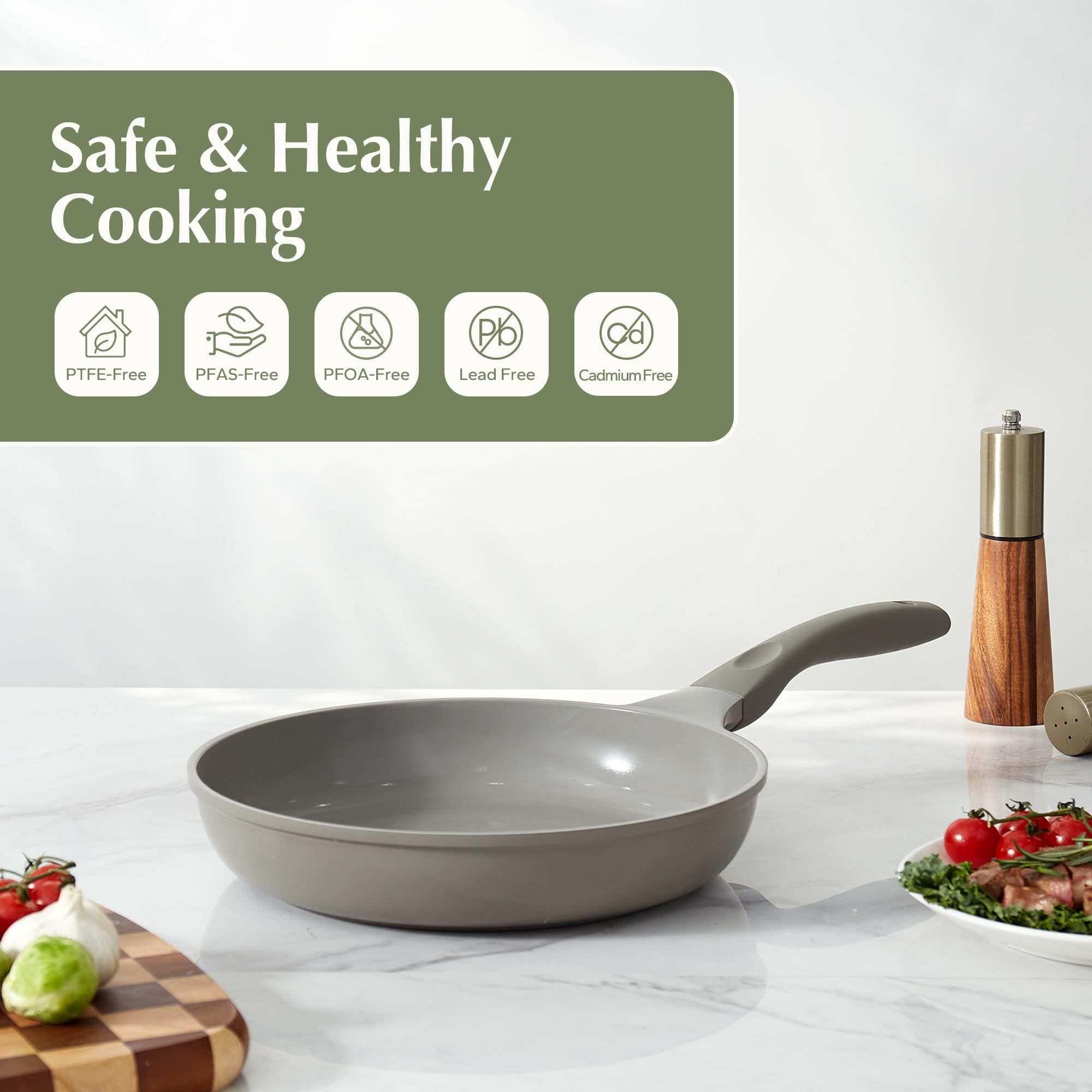 Redchef Nonstick Frying Pan Skillet, Non Stick Ceramic Frying Pan, Egg & Omelet Pans, Non Toxic, Kitchen Healthy Cookware, PFAS & PTFE & PFOA Free,Induction Compatible, Gray, 9.5"